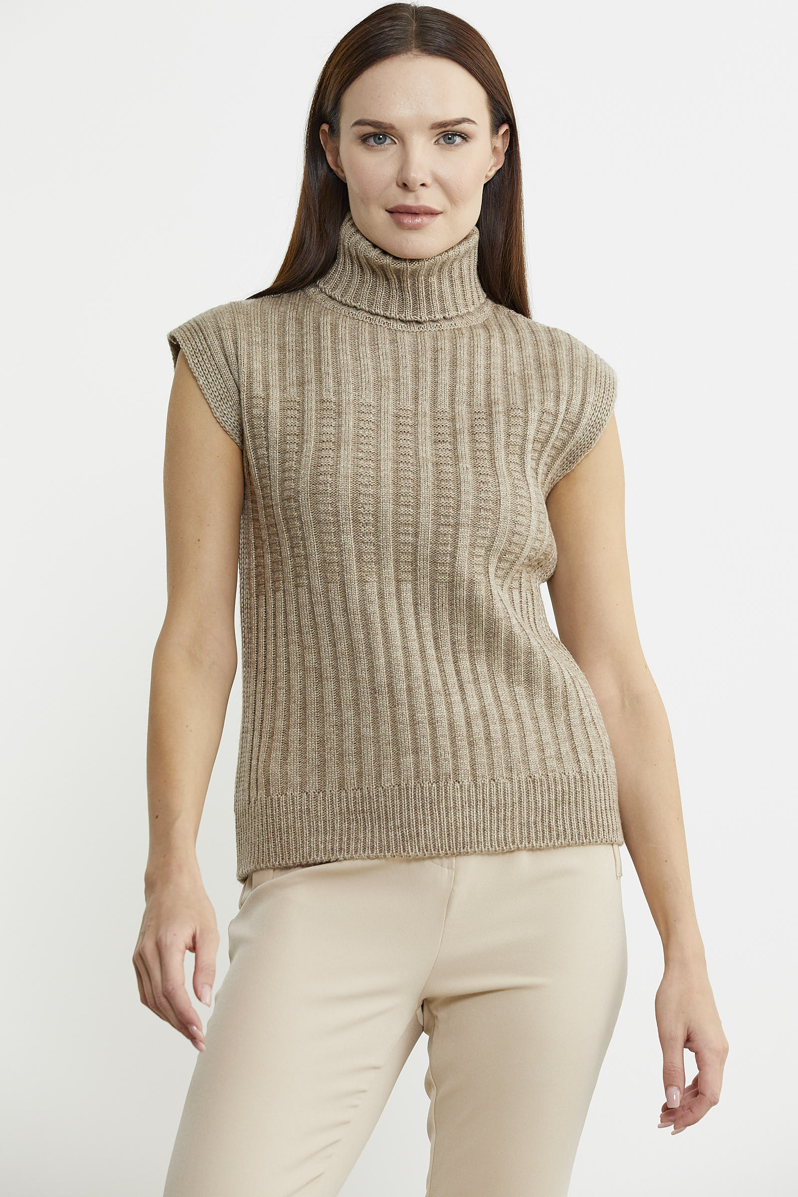 Yünlü Tam Balıkçı Kolsuz Triko Süveter - Koyu Bej - Sementa