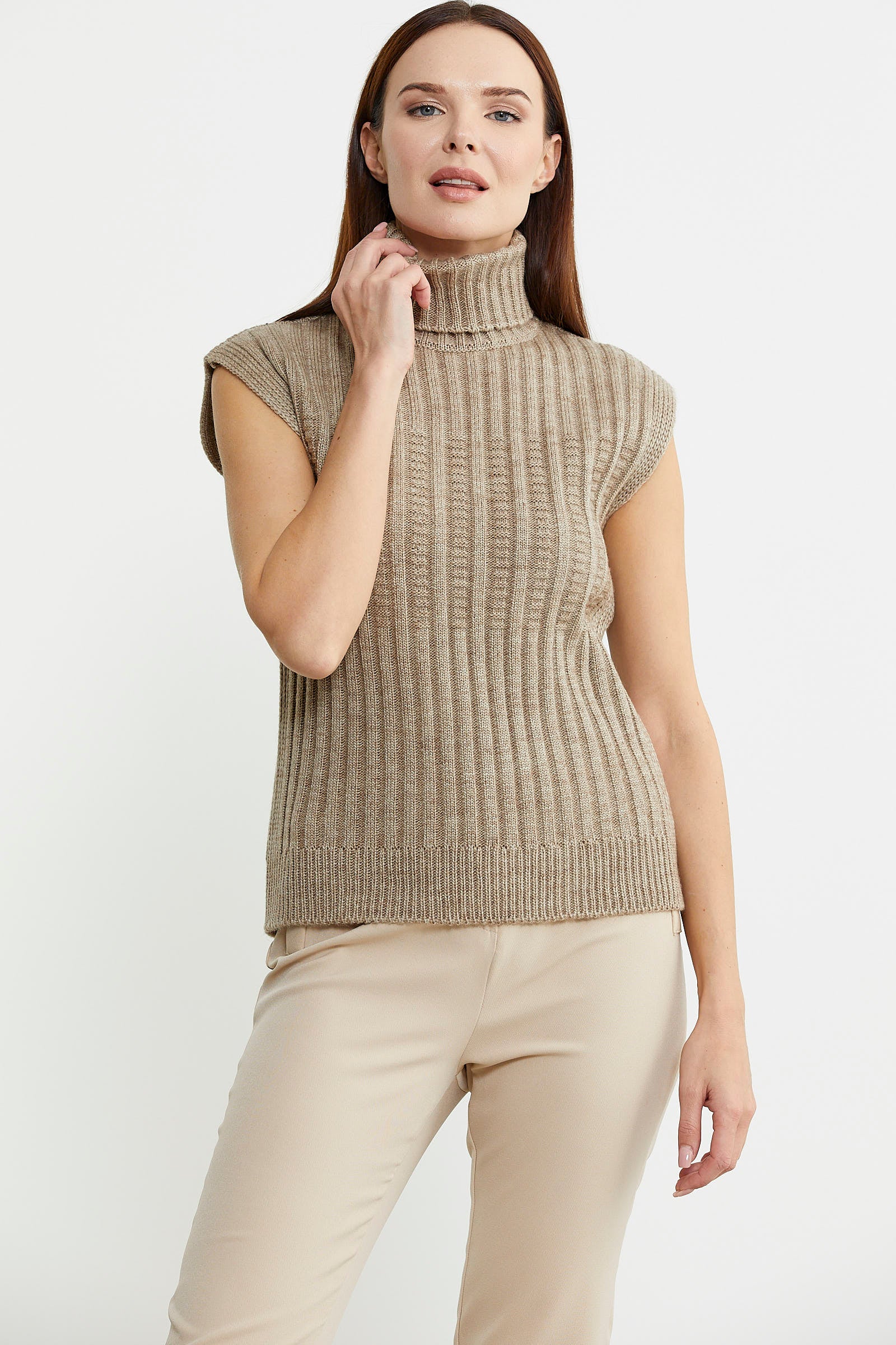 Yünlü Tam Balıkçı Kolsuz Triko Süveter - Koyu Bej - Sementa