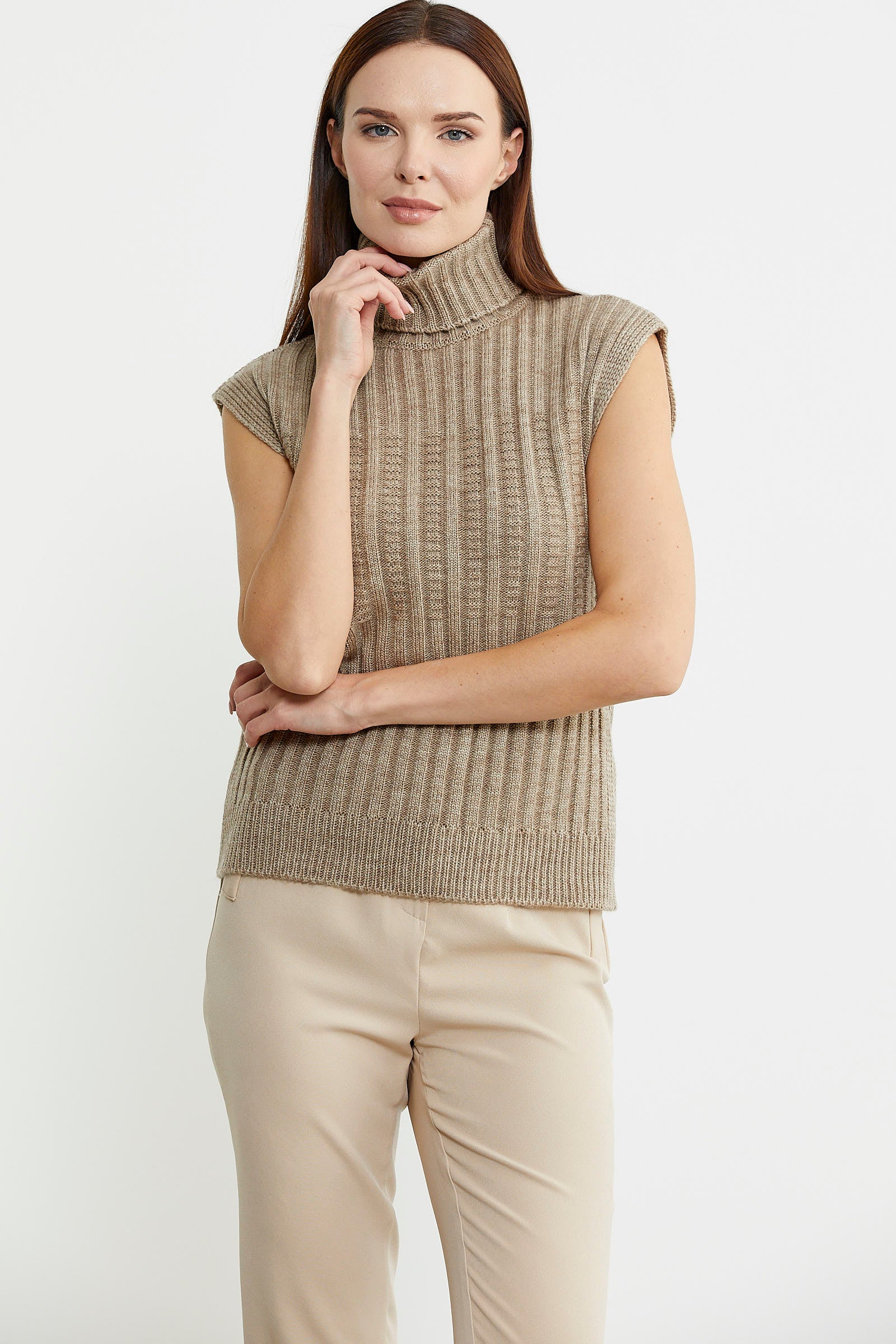 Yünlü Tam Balıkçı Kolsuz Triko Süveter - Koyu Bej - Sementa