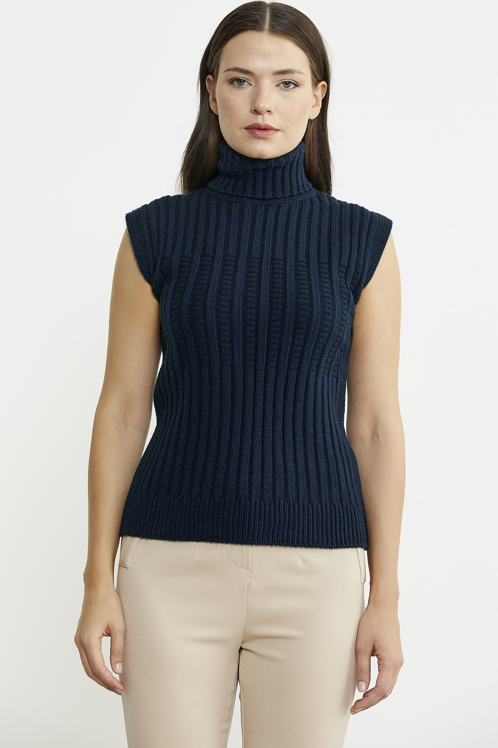 Yünlü Tam Balıkçı Kolsuz Triko Süveter - Lacivert - Sementa