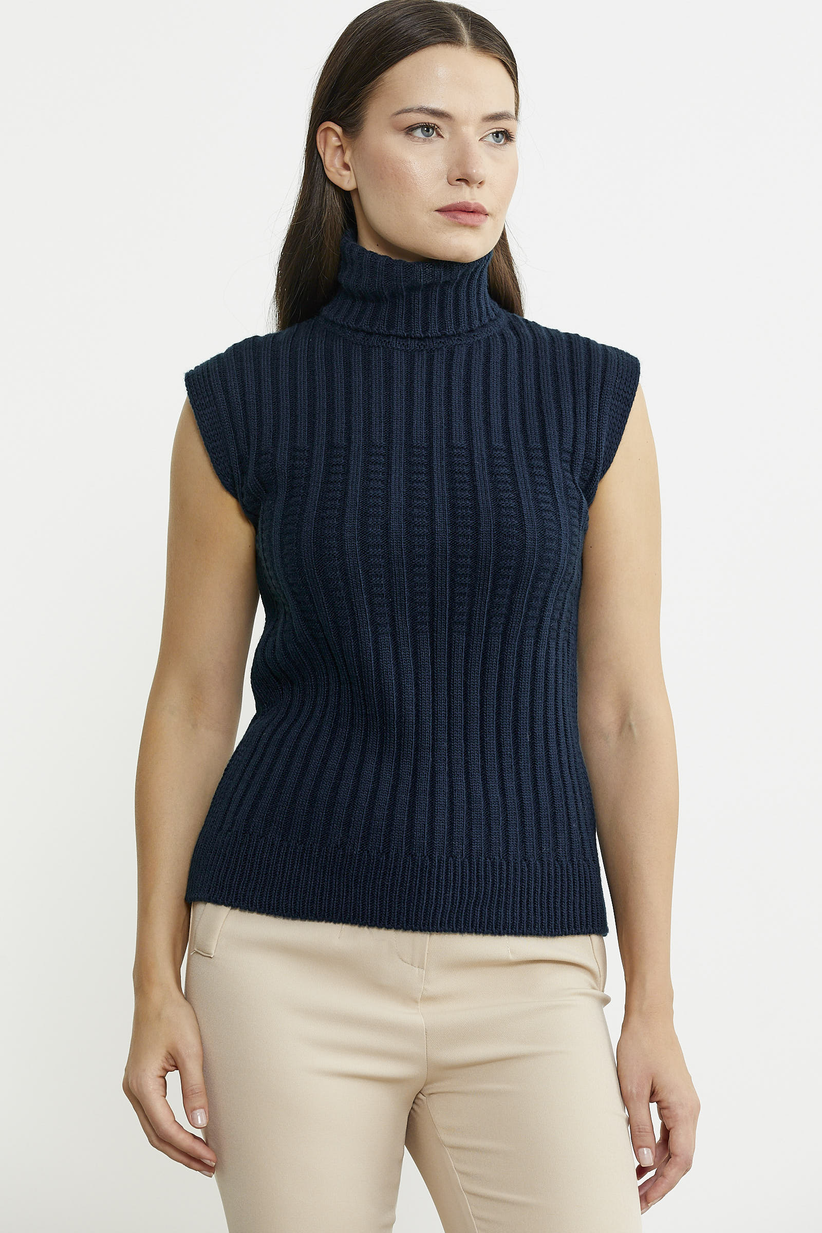 Yünlü Tam Balıkçı Kolsuz Triko Süveter - Lacivert - Sementa