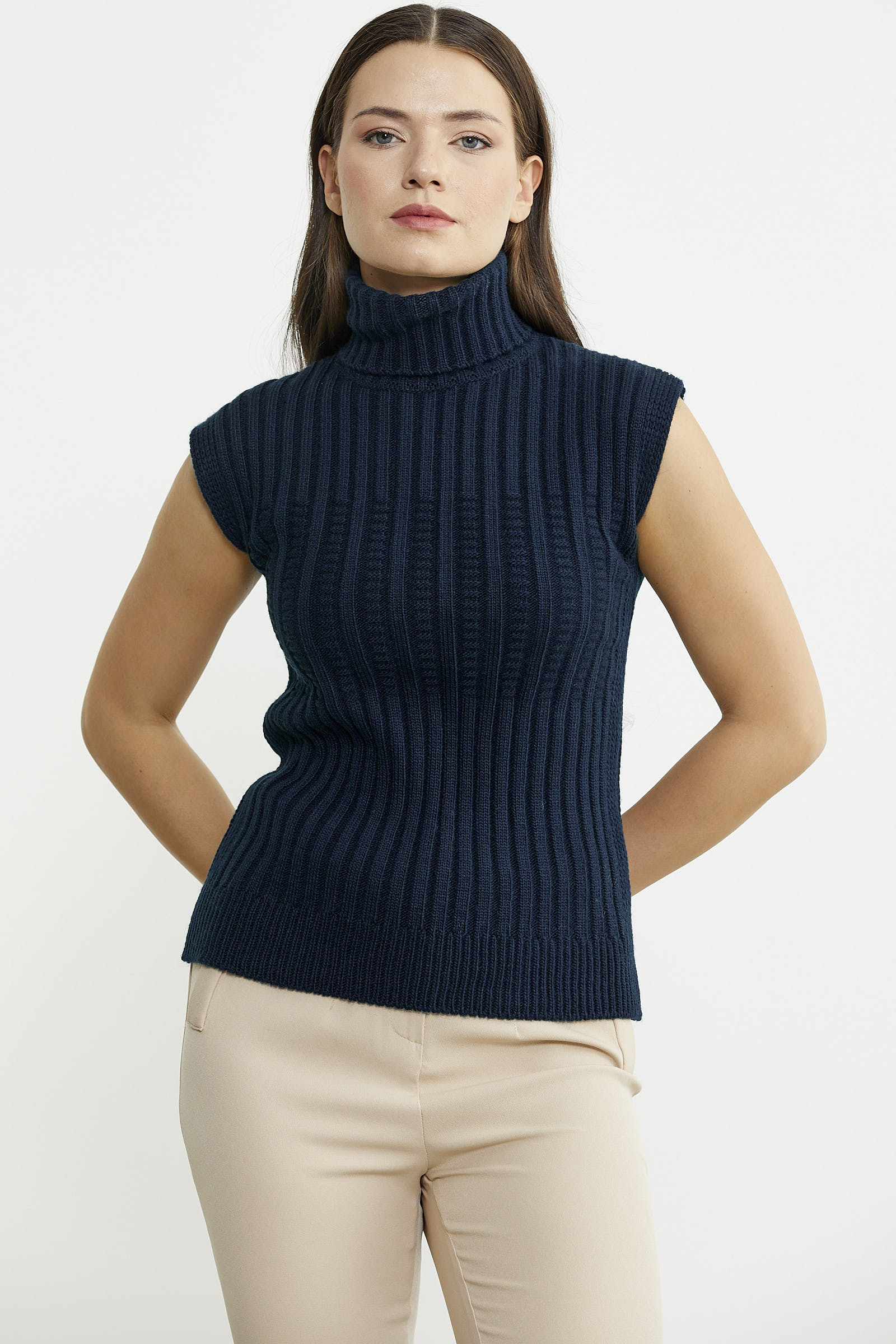 Yünlü Tam Balıkçı Kolsuz Triko Süveter - Lacivert - Sementa