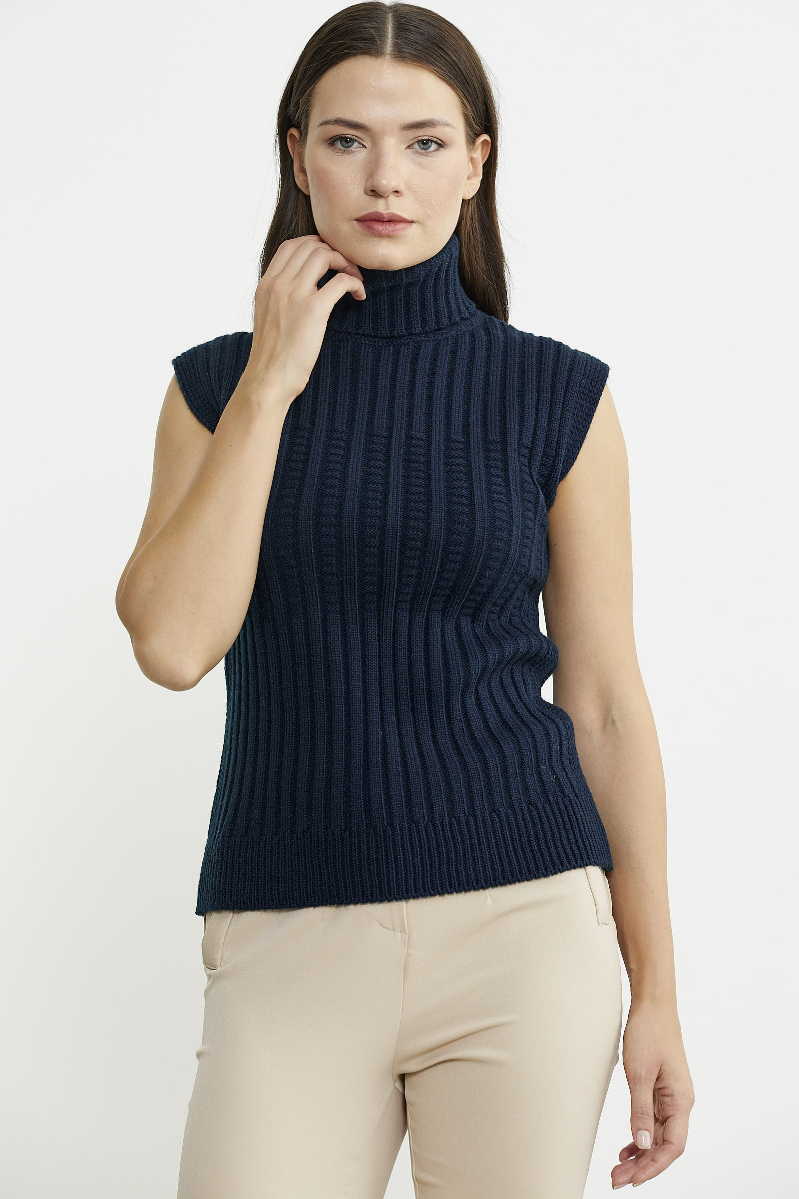 Yünlü Tam Balıkçı Kolsuz Triko Süveter - Lacivert - Sementa