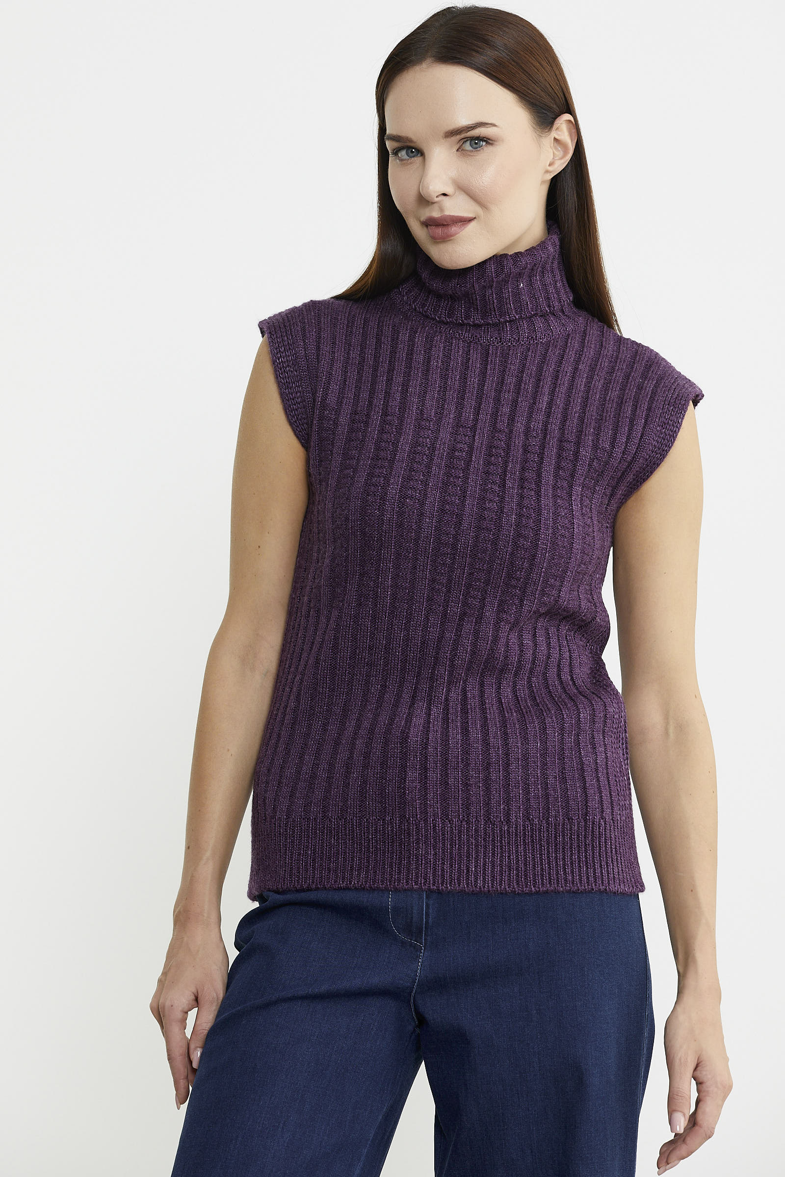 Yünlü Tam Balıkçı Kolsuz Triko Süveter - Mor - Sementa