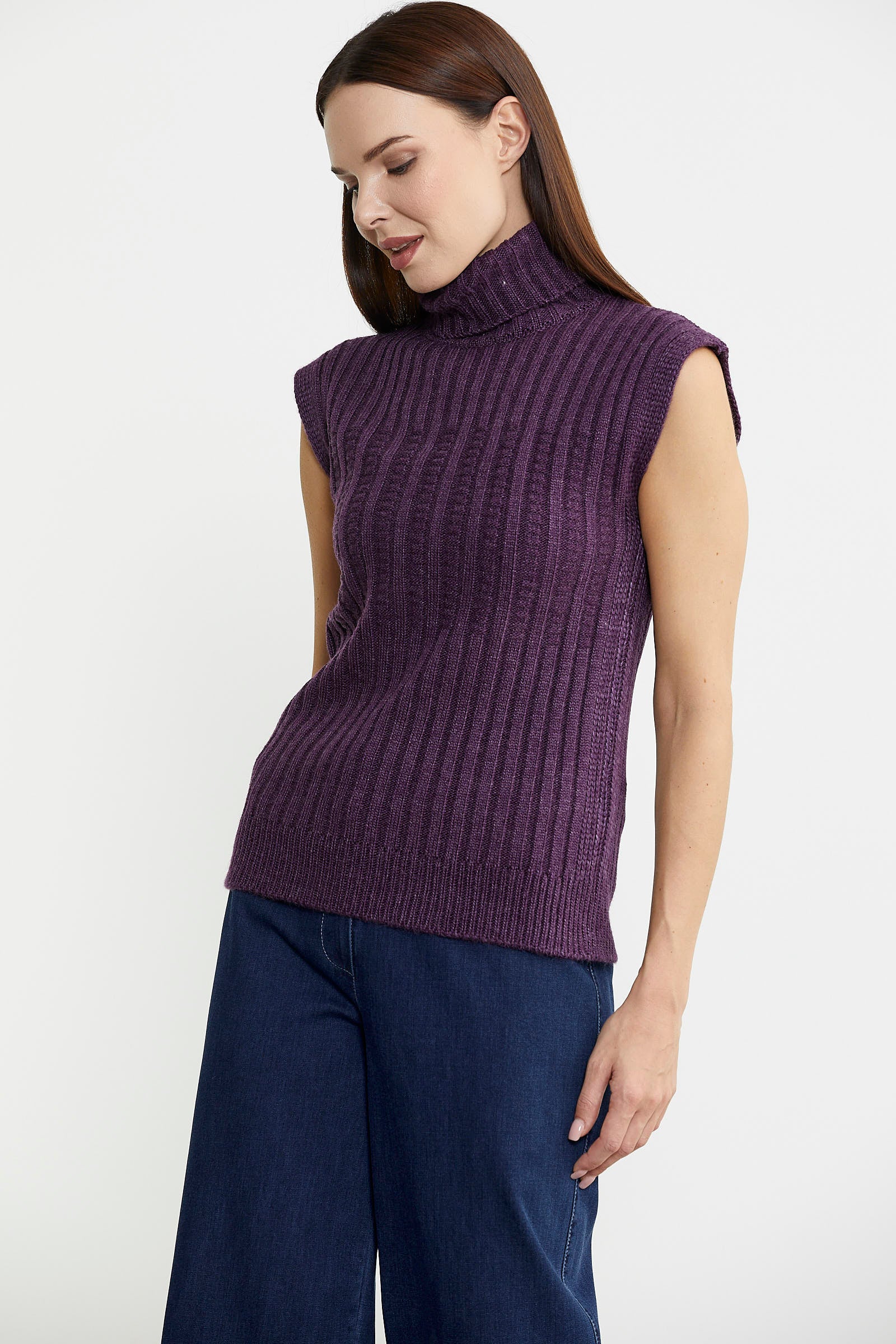 Yünlü Tam Balıkçı Kolsuz Triko Süveter - Mor - Sementa