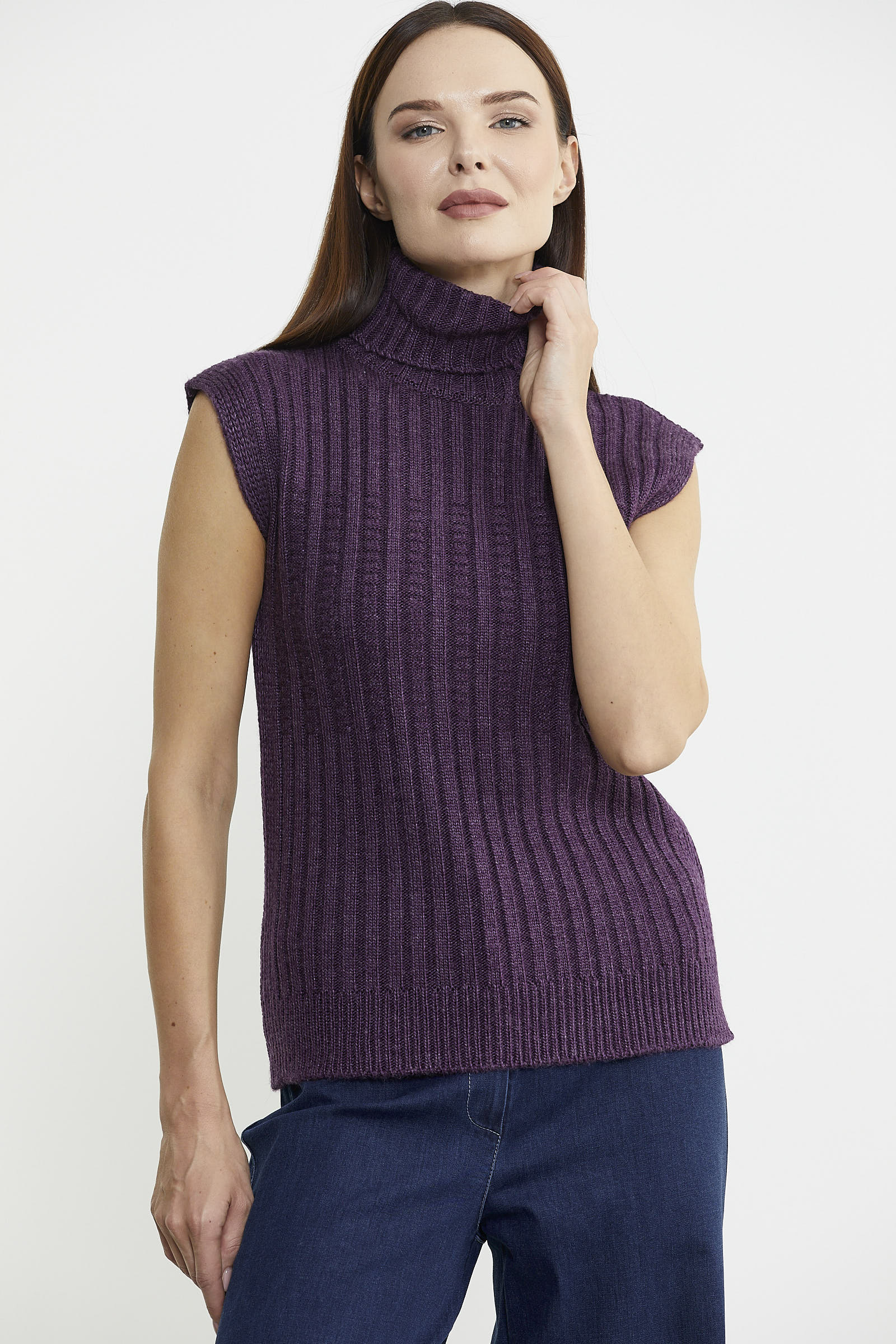 Yünlü Tam Balıkçı Kolsuz Triko Süveter - Mor - Sementa