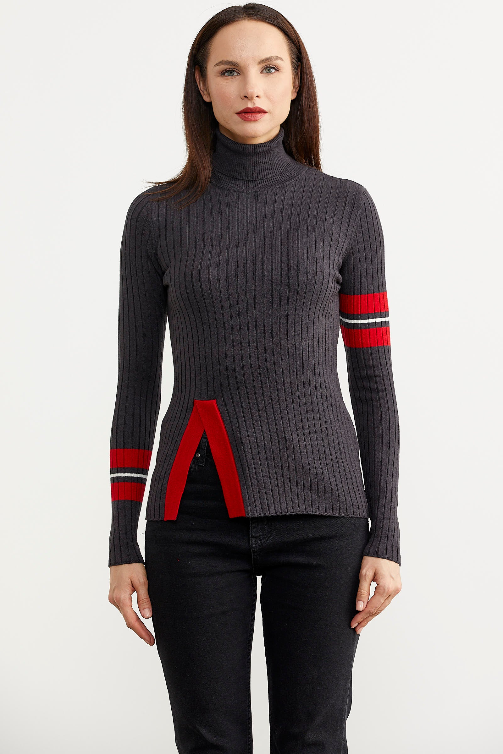 Tam Balıkçı Renk Detaylı Triko Kazak - Antrasit (1) Sementa