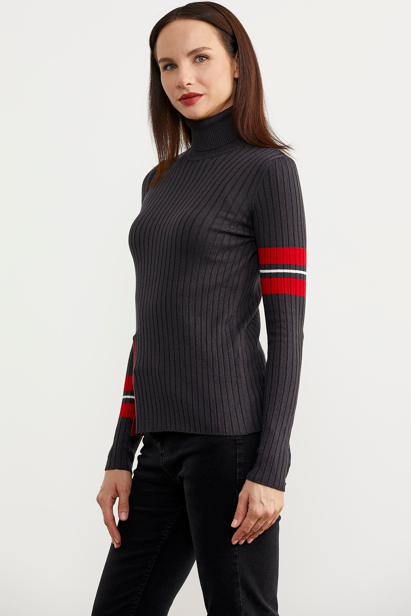 Tam Balıkçı Renk Detaylı Triko Kazak - Antrasit (3) Sementa