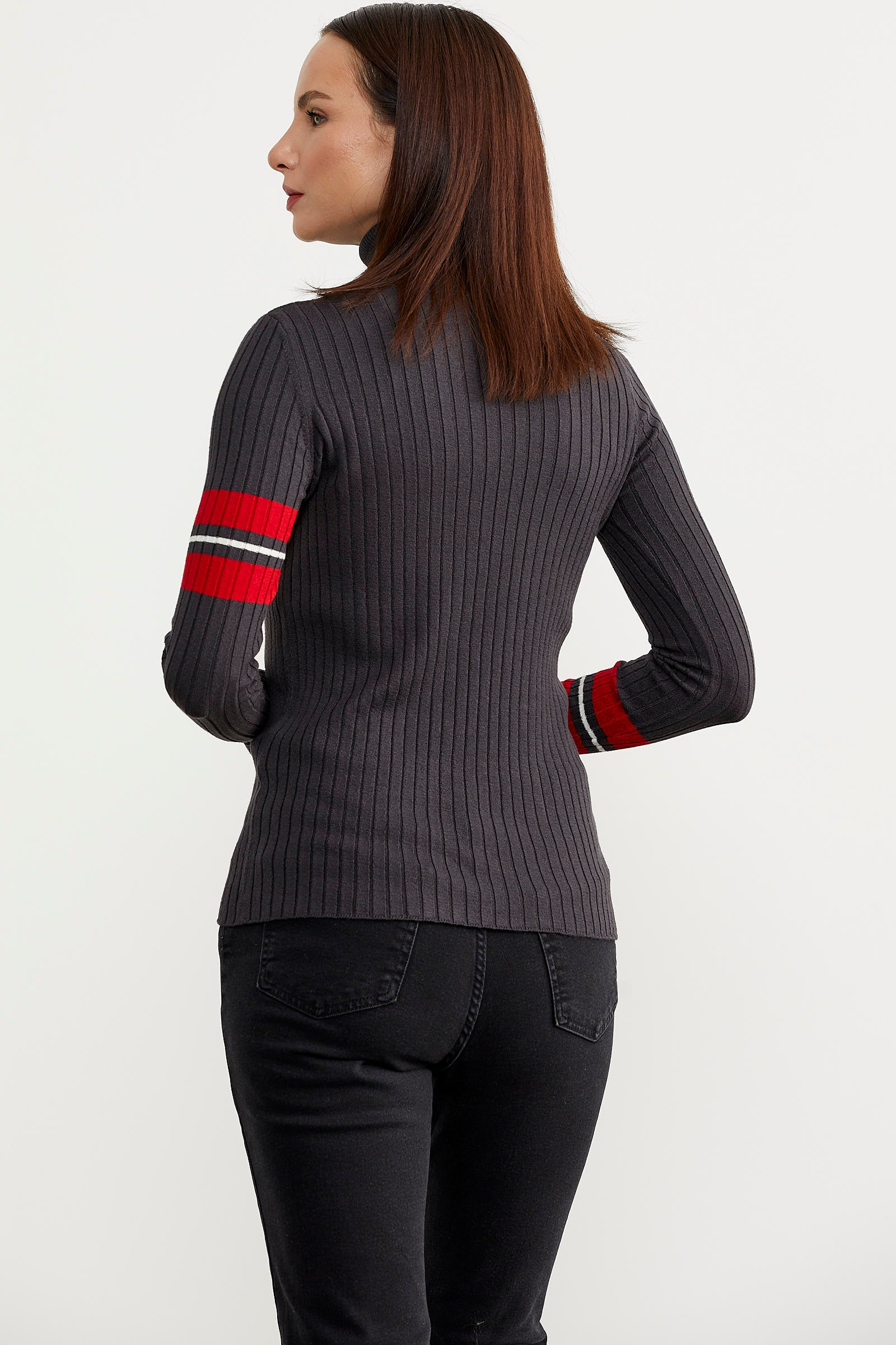 Tam Balıkçı Renk Detaylı Triko Kazak - Antrasit (4) Sementa