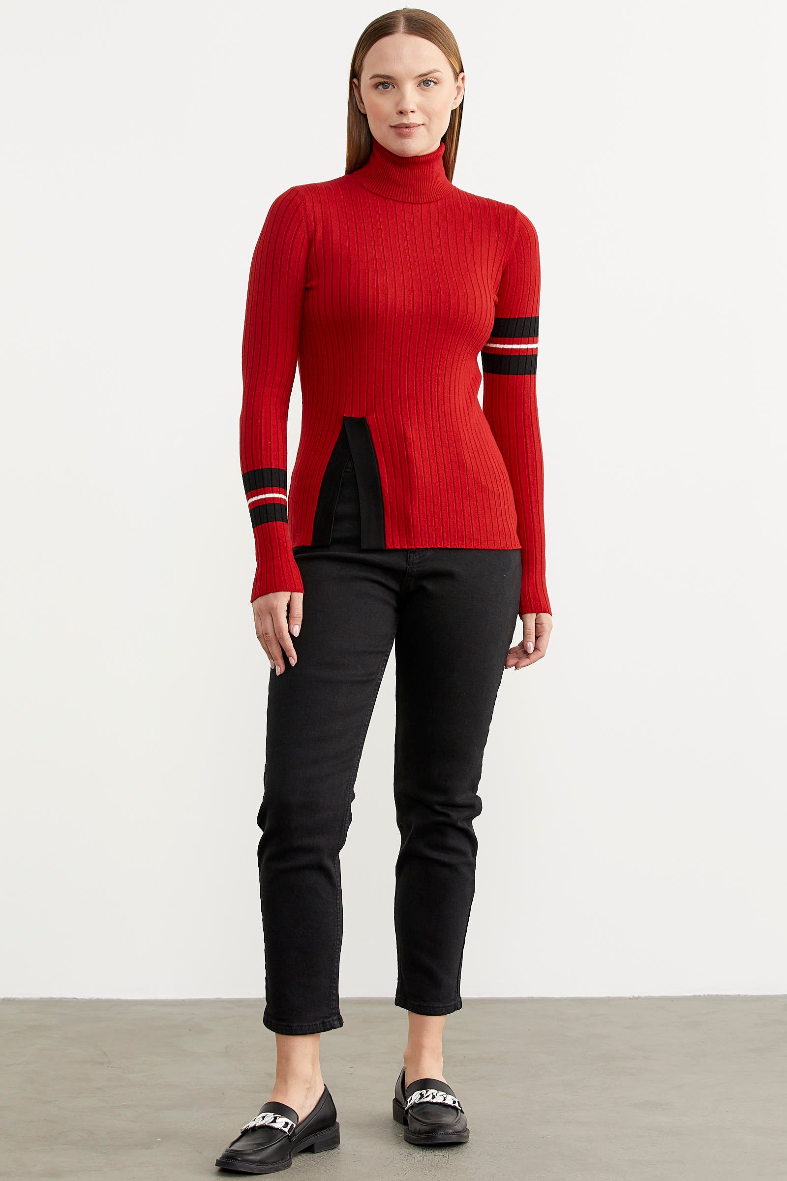 Tam Balıkçı Renk Detaylı Triko Kazak - Kırmızı (1) Sementa