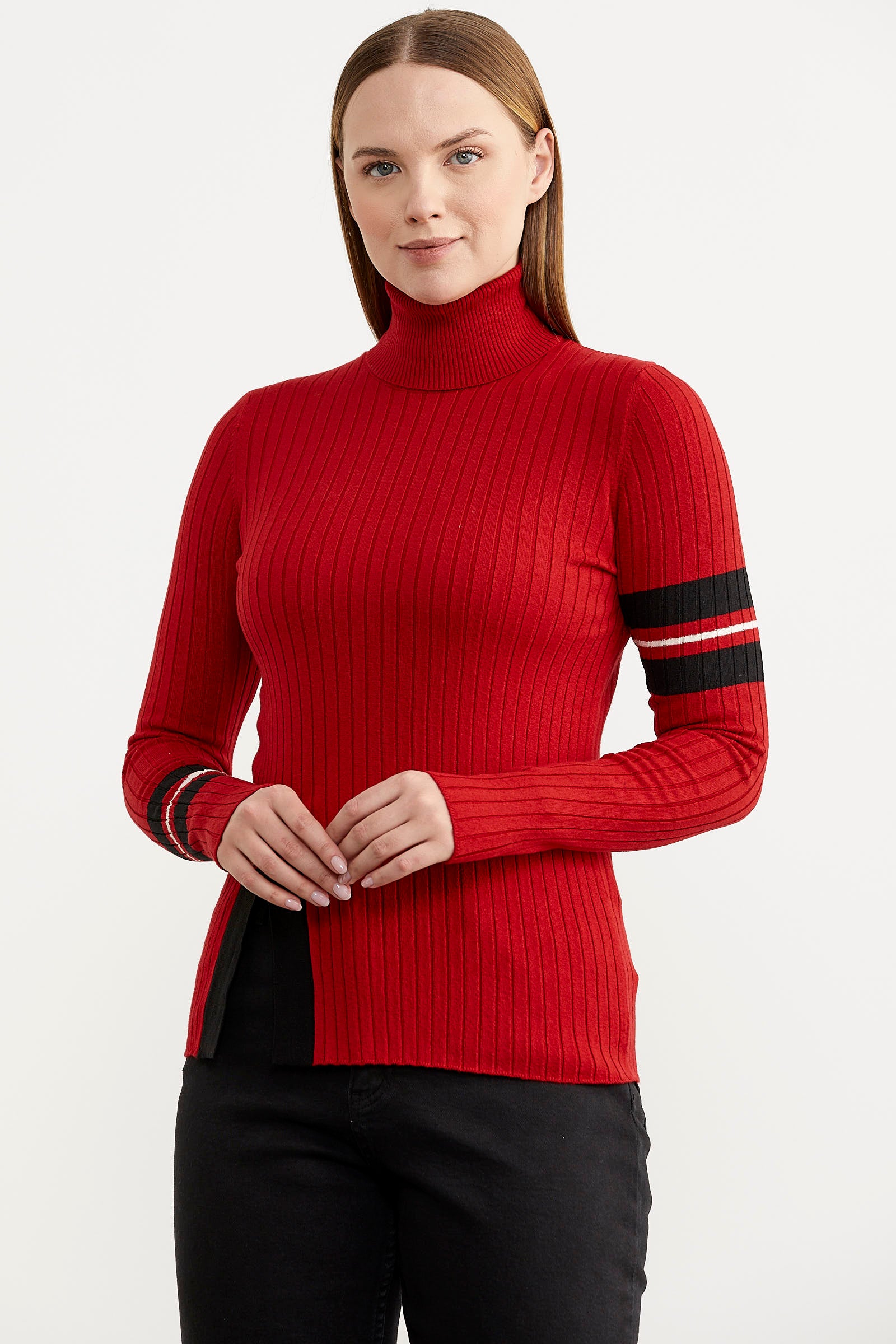 Tam Balıkçı Renk Detaylı Triko Kazak - Kırmızı (2) Sementa