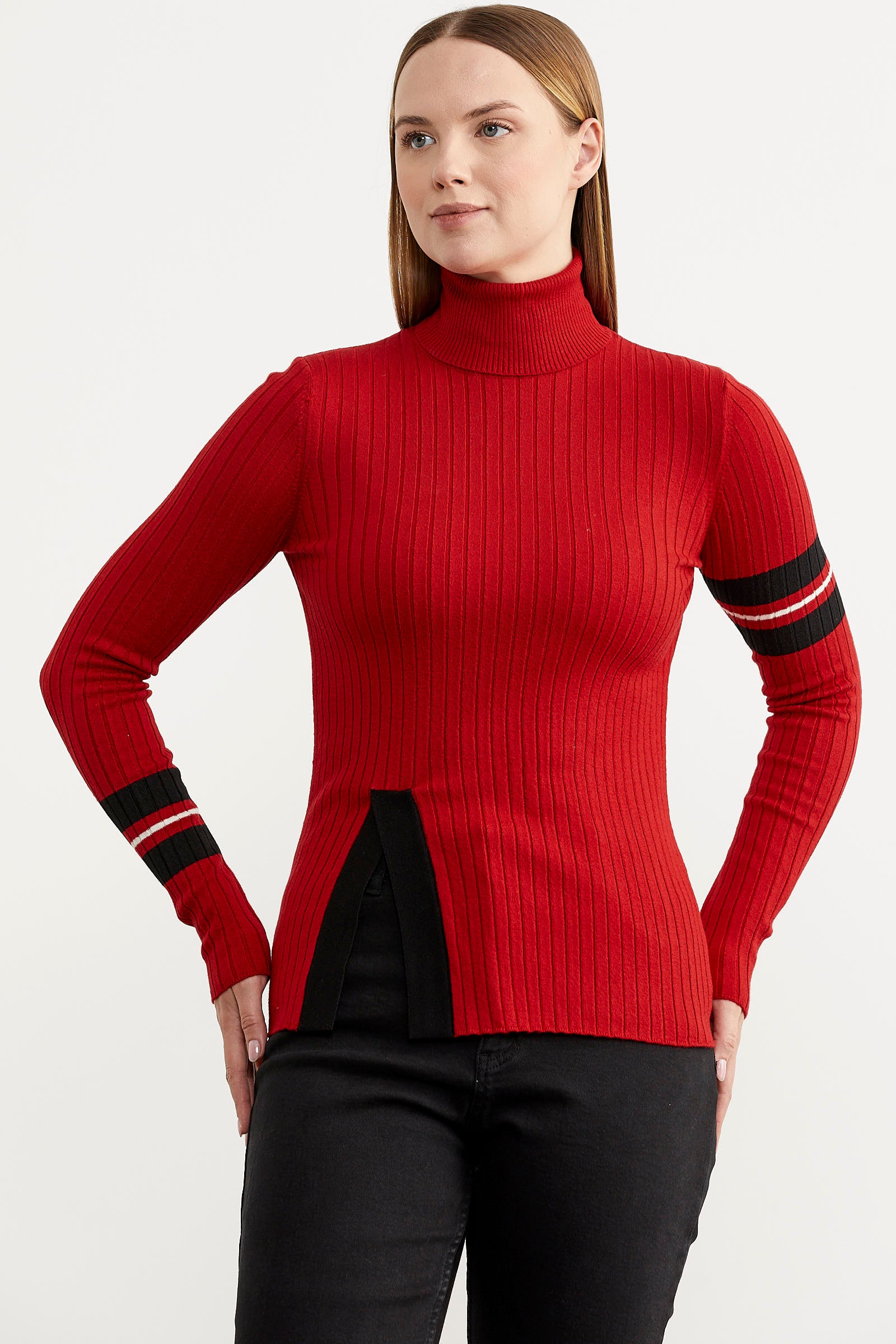 Tam Balıkçı Renk Detaylı Triko Kazak - Kırmızı (3) Sementa