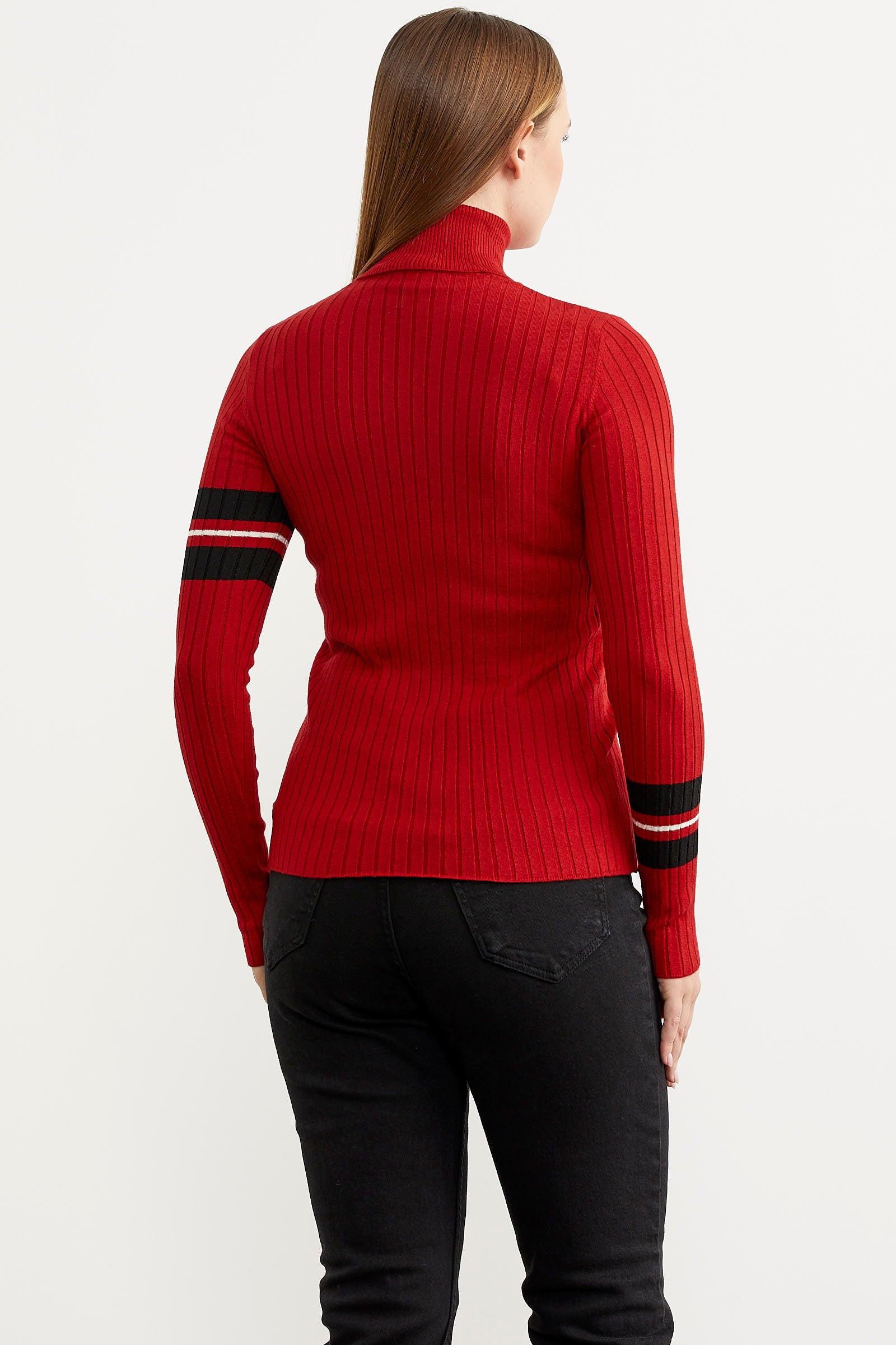 Tam Balıkçı Renk Detaylı Triko Kazak - Kırmızı (5) Sementa