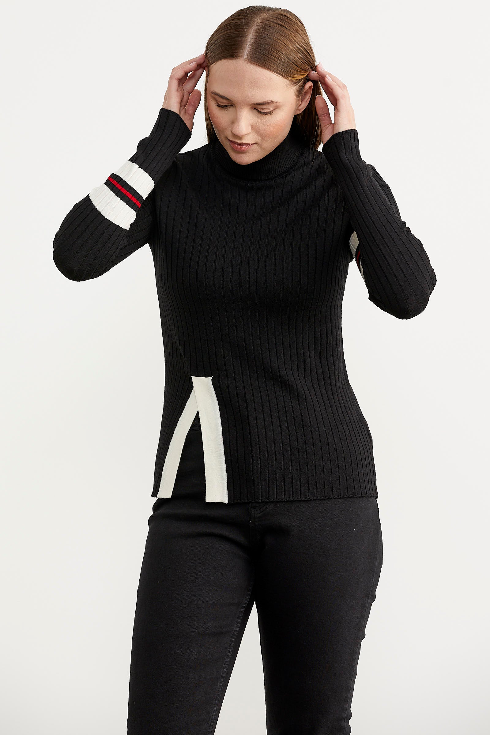 Tam Balıkçı Renk Detaylı Triko Kazak - Siyah (4) Sementa