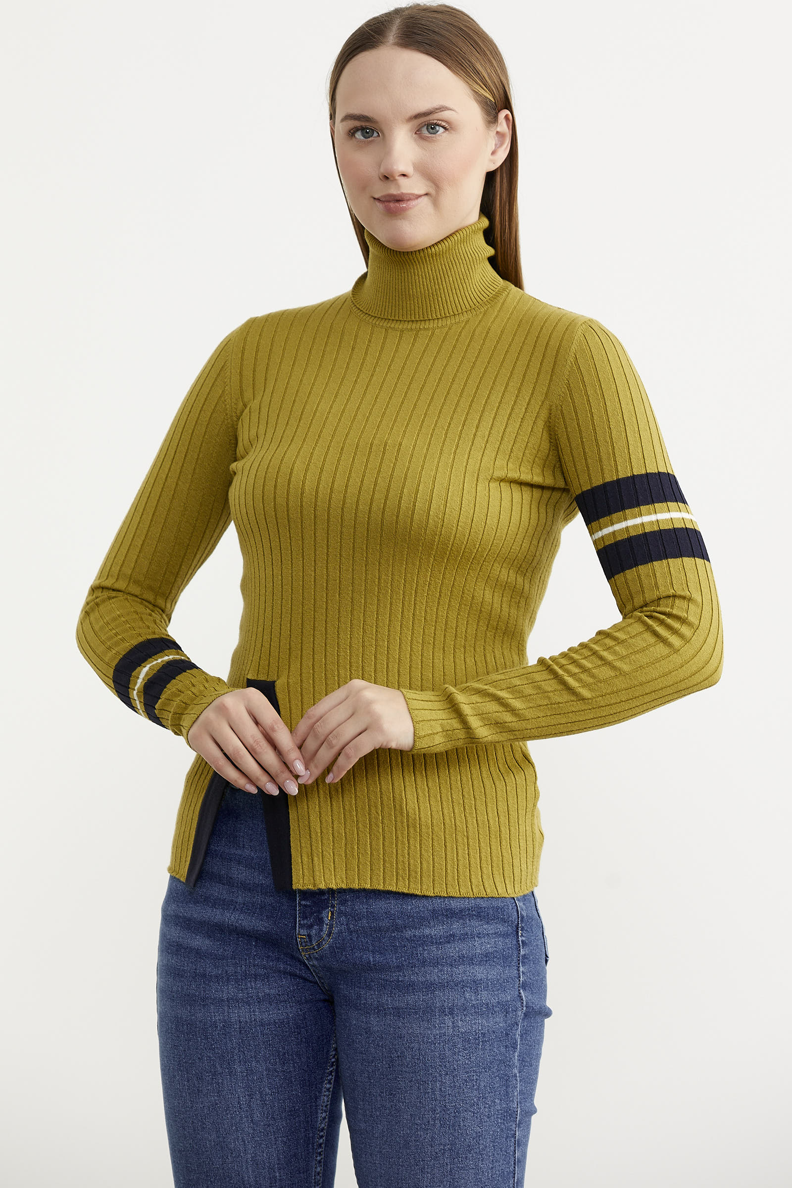 Tam Balıkçı Renk Detaylı Triko Kazak - Yeşil (2) Sementa