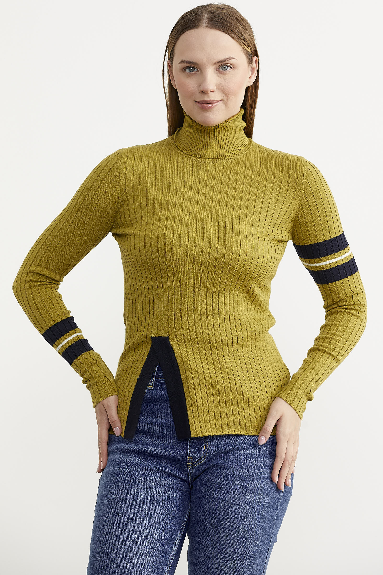 Tam Balıkçı Renk Detaylı Triko Kazak - Yeşil (3) Sementa