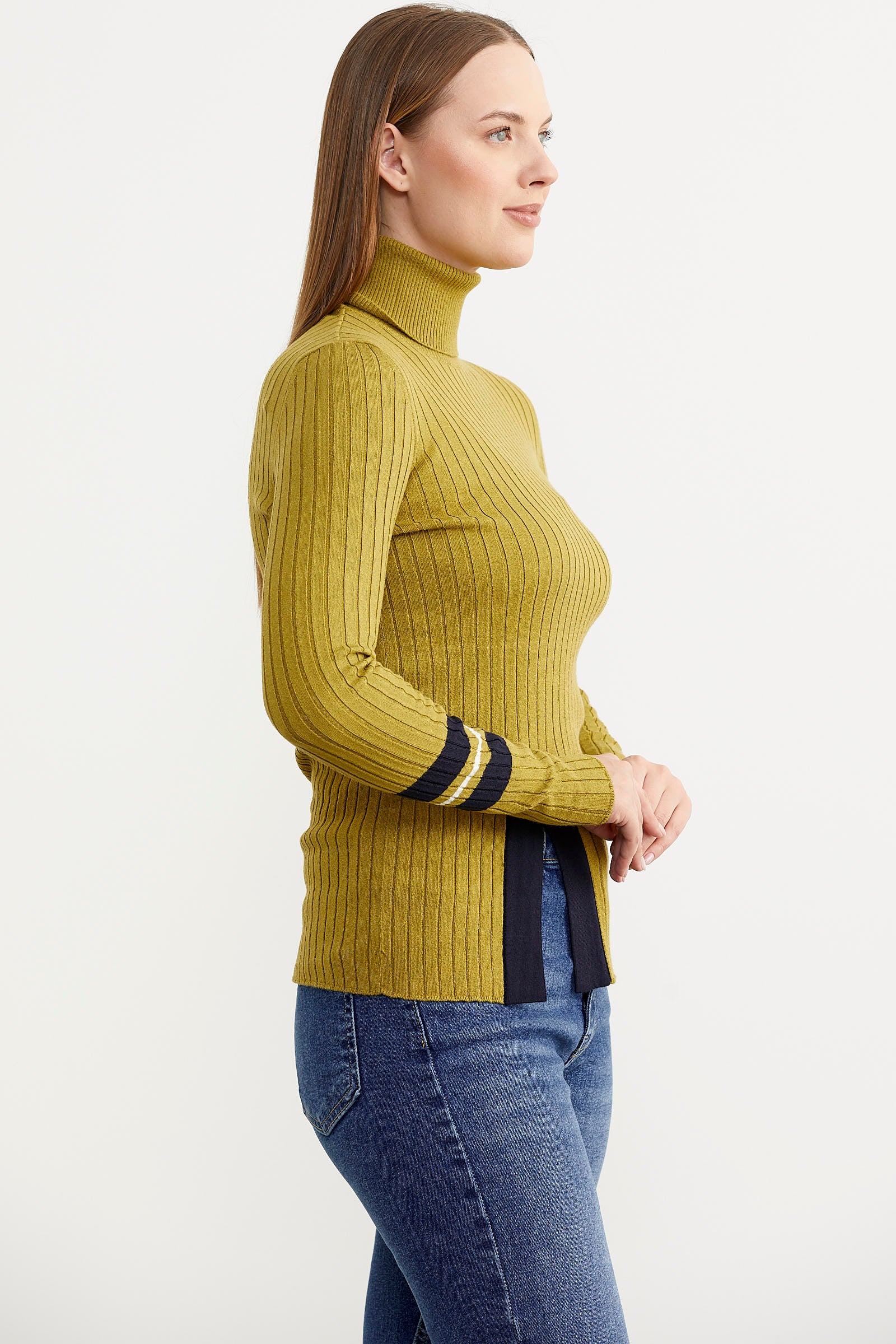 Tam Balıkçı Renk Detaylı Triko Kazak - Yeşil (4) Sementa