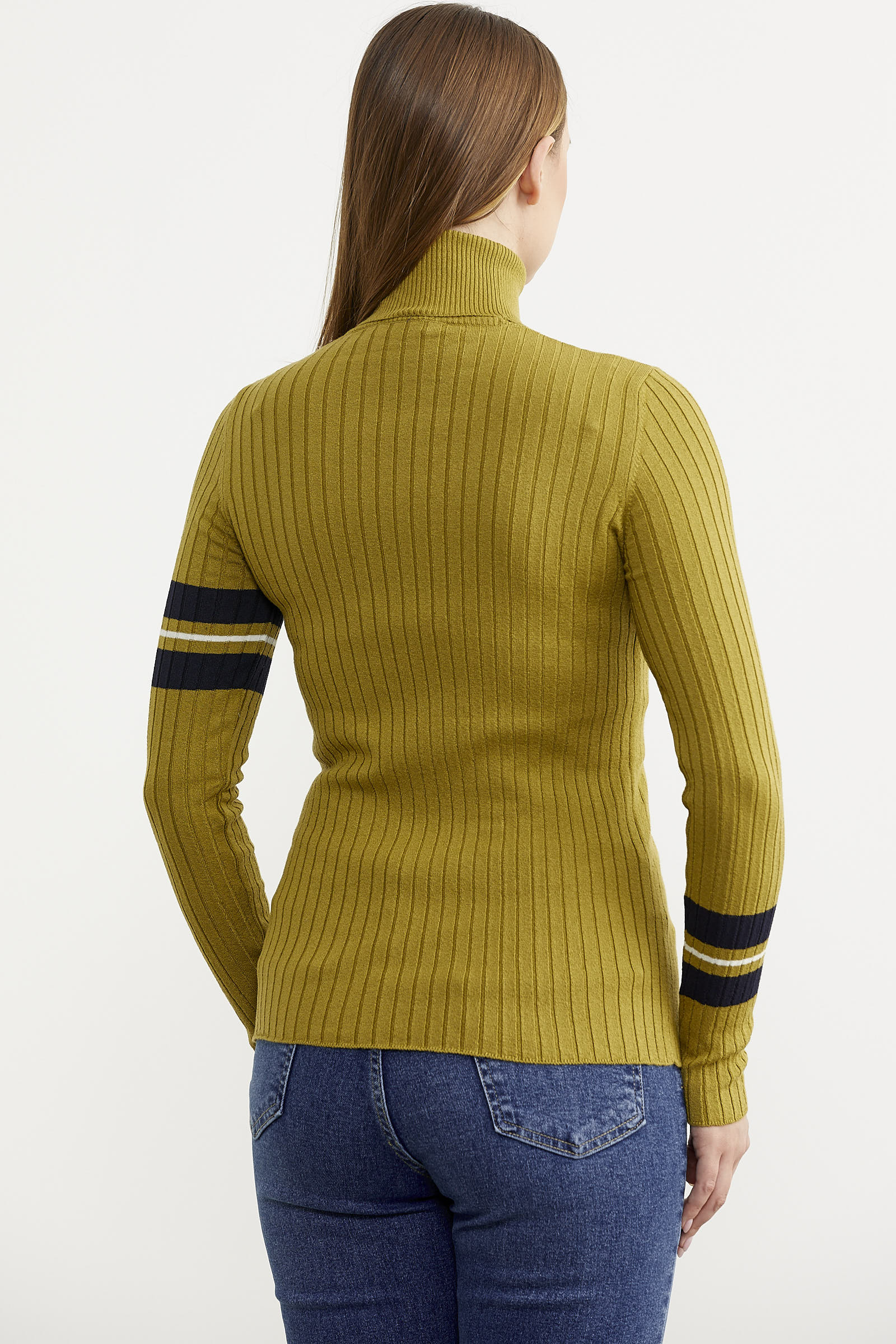 Tam Balıkçı Renk Detaylı Triko Kazak - Yeşil (5) Sementa