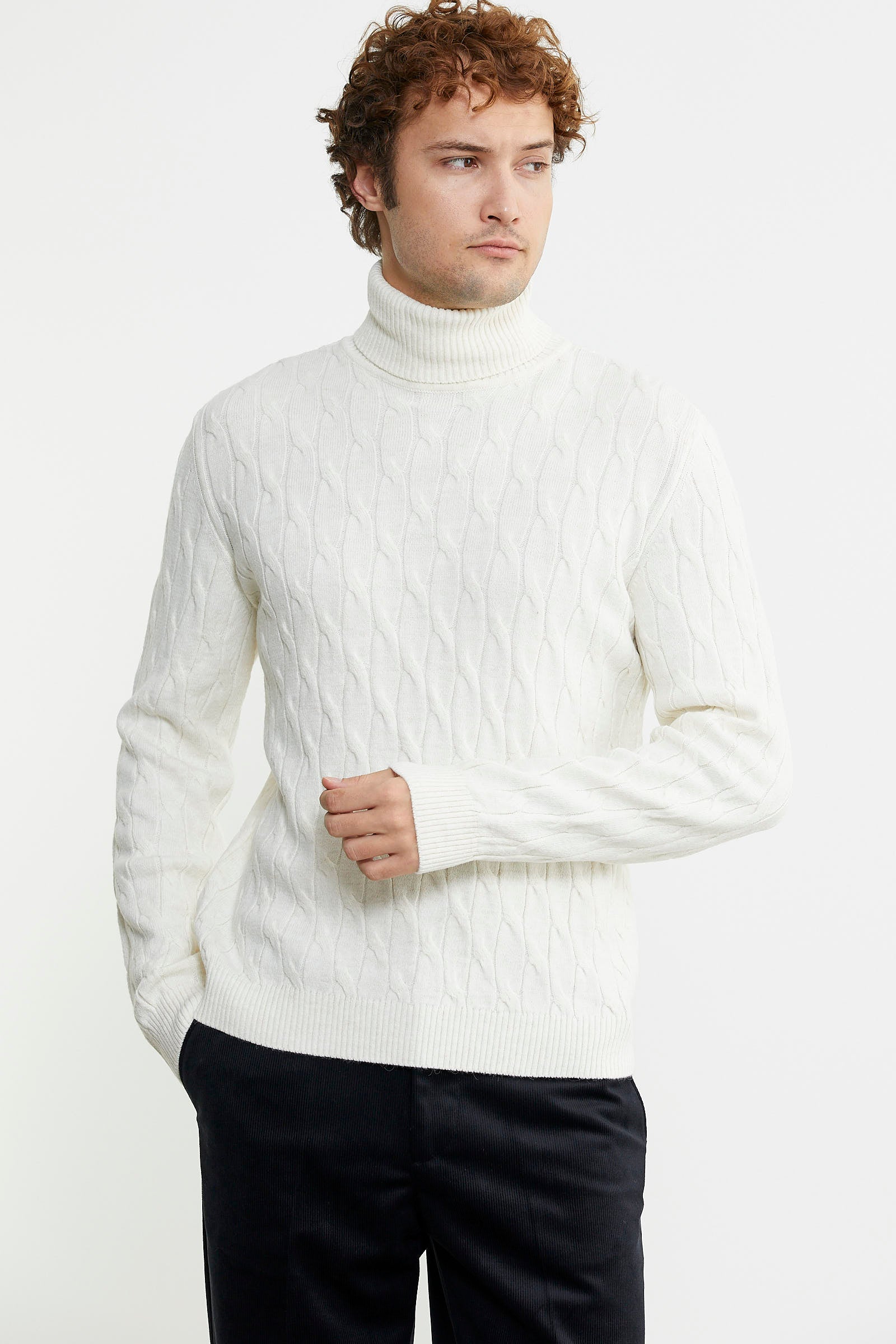 Tam Balıkçı Saç Örgü Triko Kazak - Kemik - Sementa