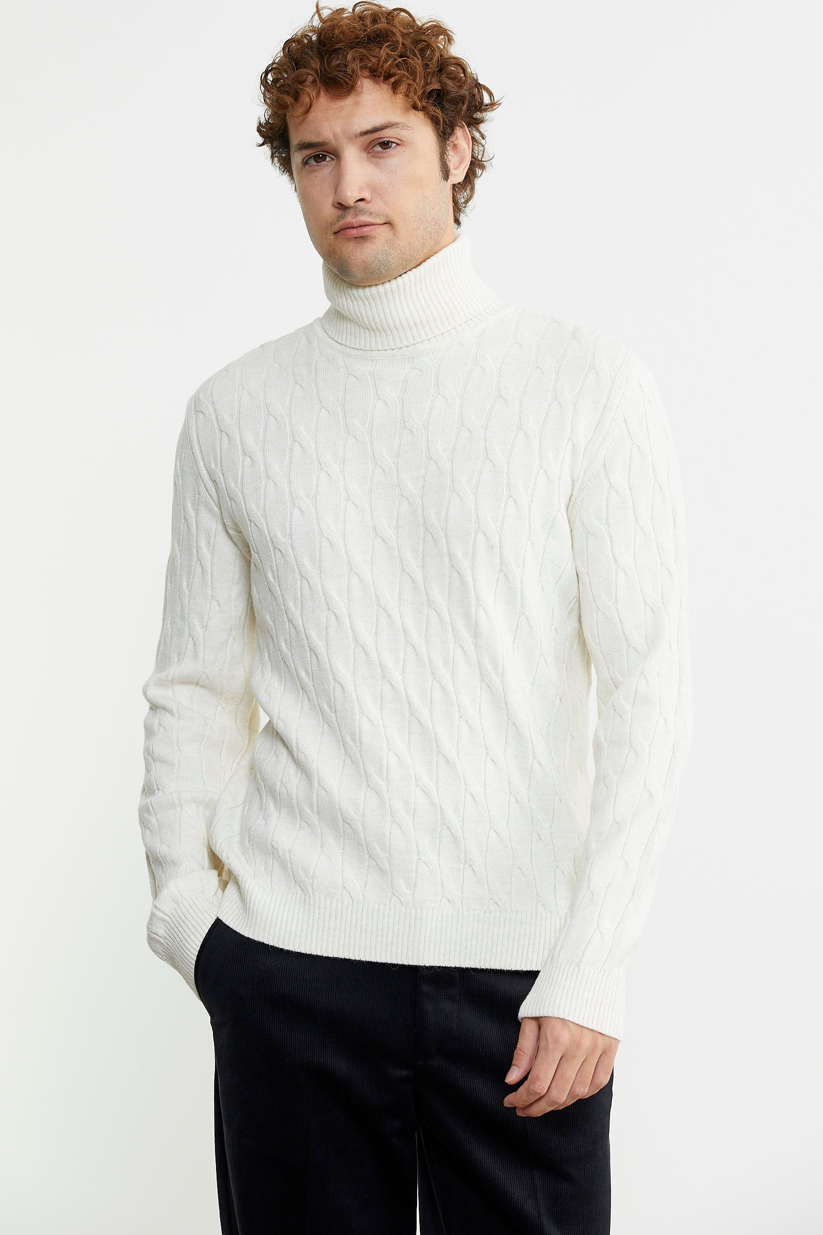 Tam Balıkçı Saç Örgü Triko Kazak - Kemik - Sementa