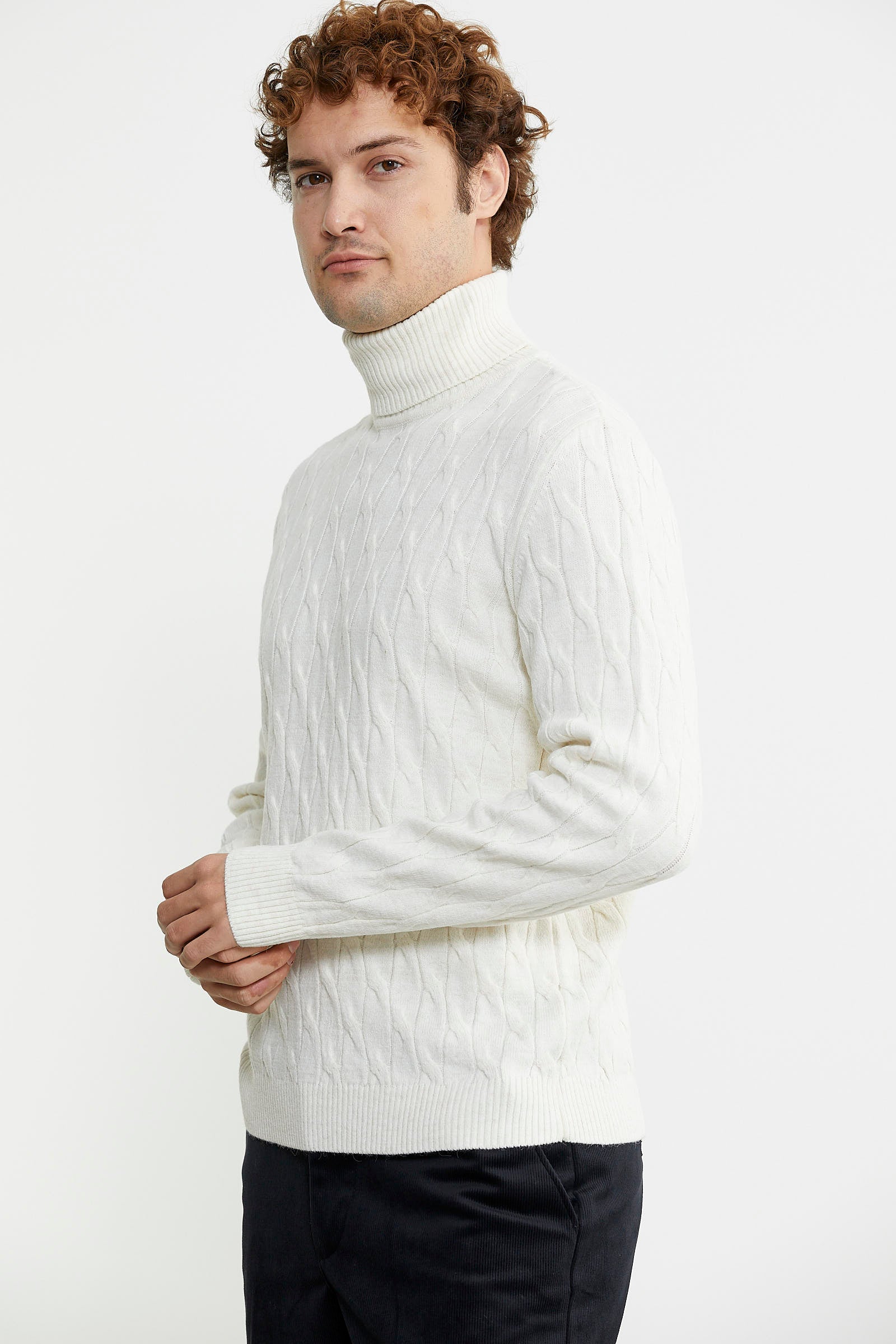 Tam Balıkçı Saç Örgü Triko Kazak - Kemik - Sementa