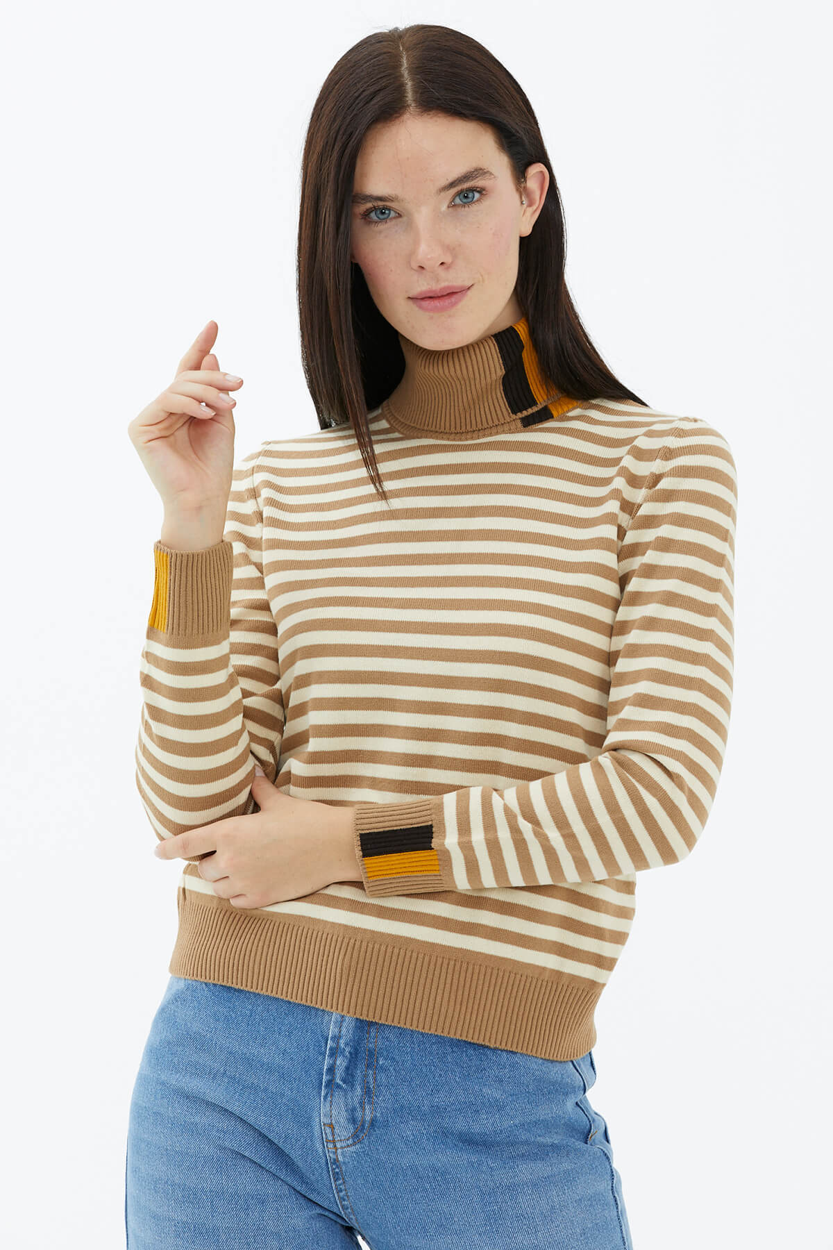 Tam Balıkçı Yaka Çizgili Triko Kazak - Kamel (3) Sementa