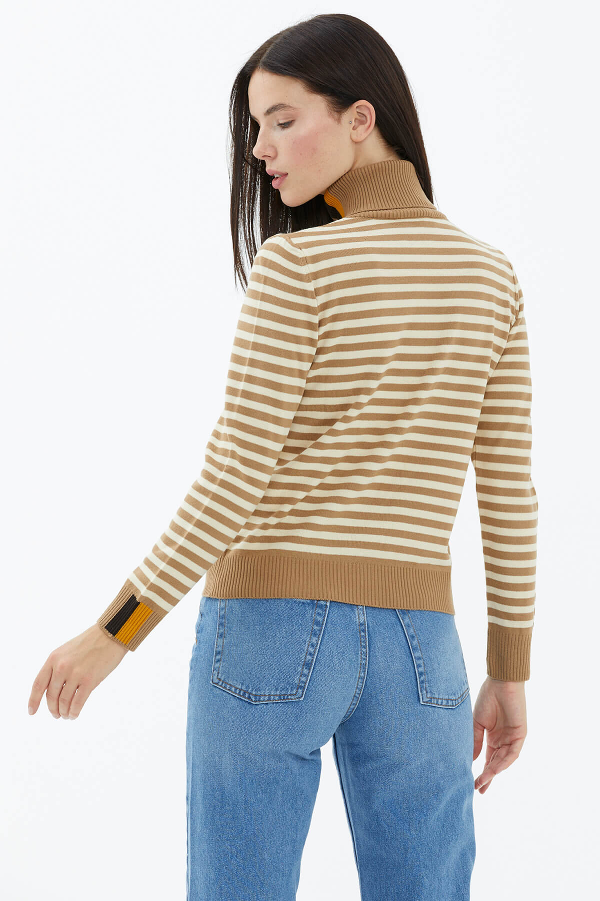 Tam Balıkçı Yaka Çizgili Triko Kazak - Kamel (4) Sementa