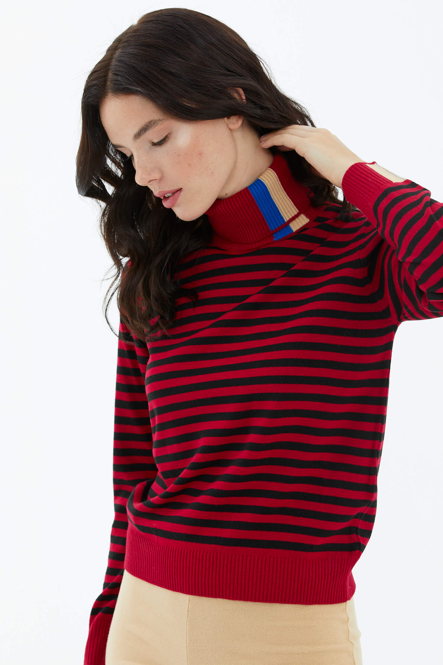 Tam Balıkçı Yaka Çizgili Triko Kazak - Kırmızı (3) Sementa