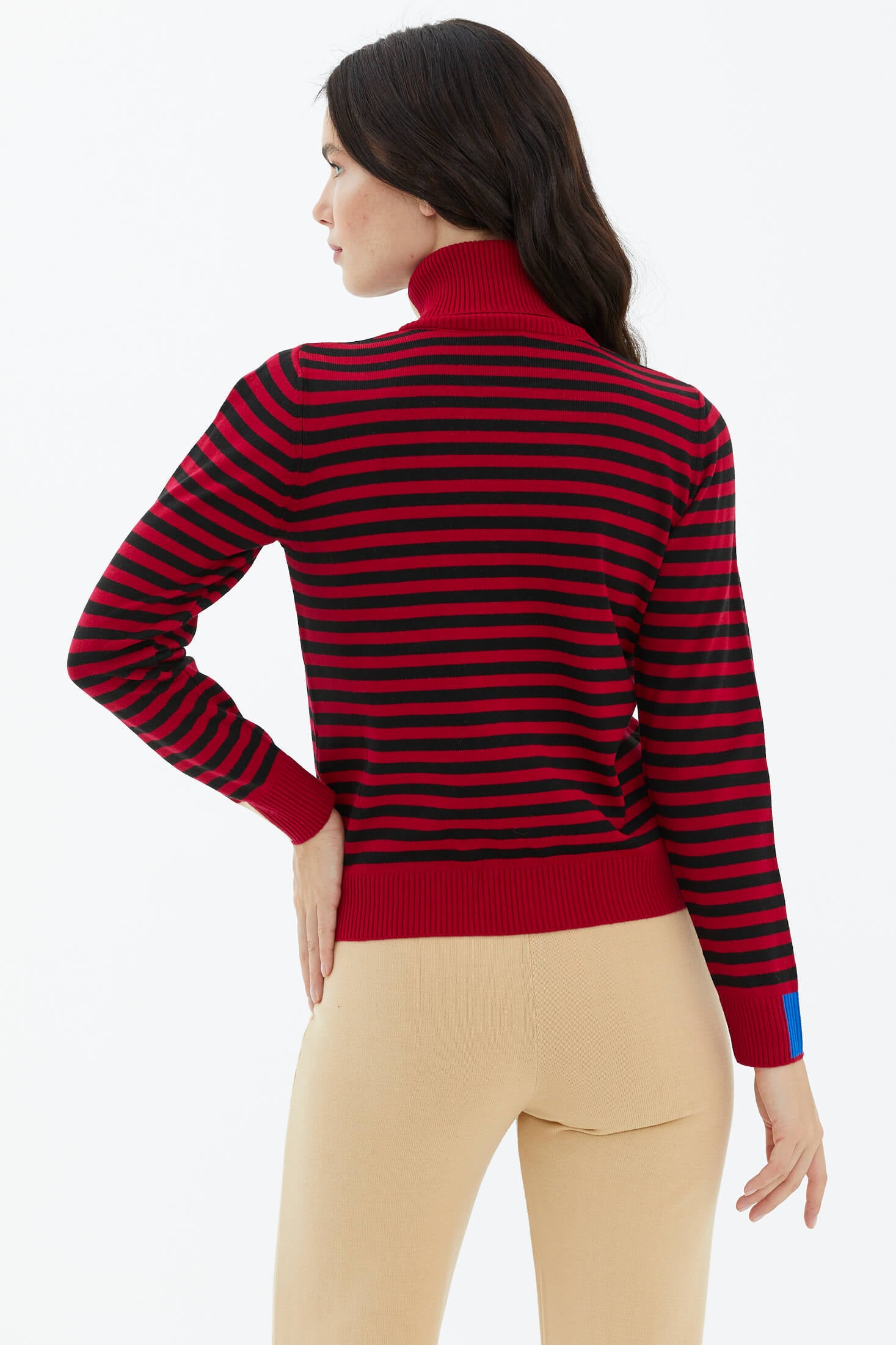 Tam Balıkçı Yaka Çizgili Triko Kazak - Kırmızı (4) Sementa