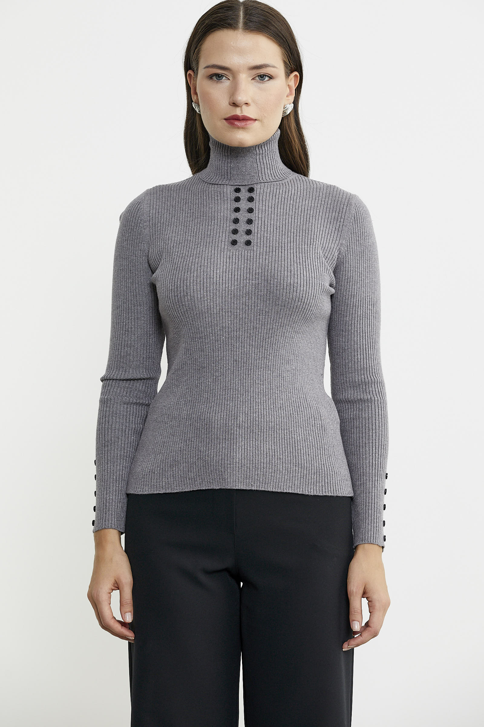 Tam Balıkçı Yaka Düğmeli Triko Kazak - Gri - Sementa