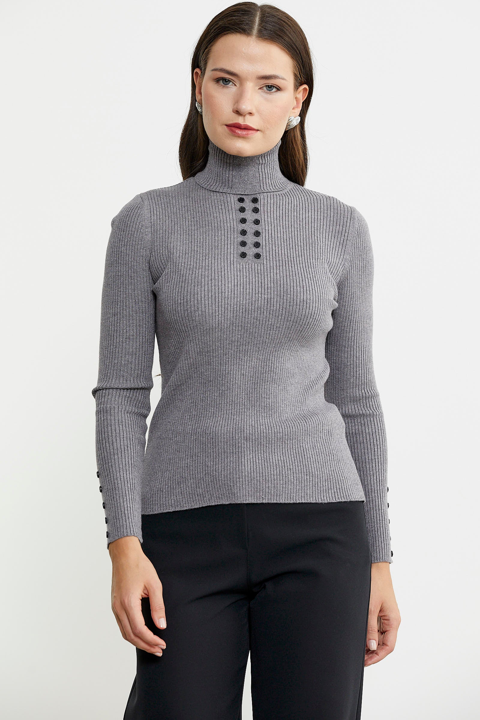 Tam Balıkçı Yaka Düğmeli Triko Kazak - Gri - Sementa