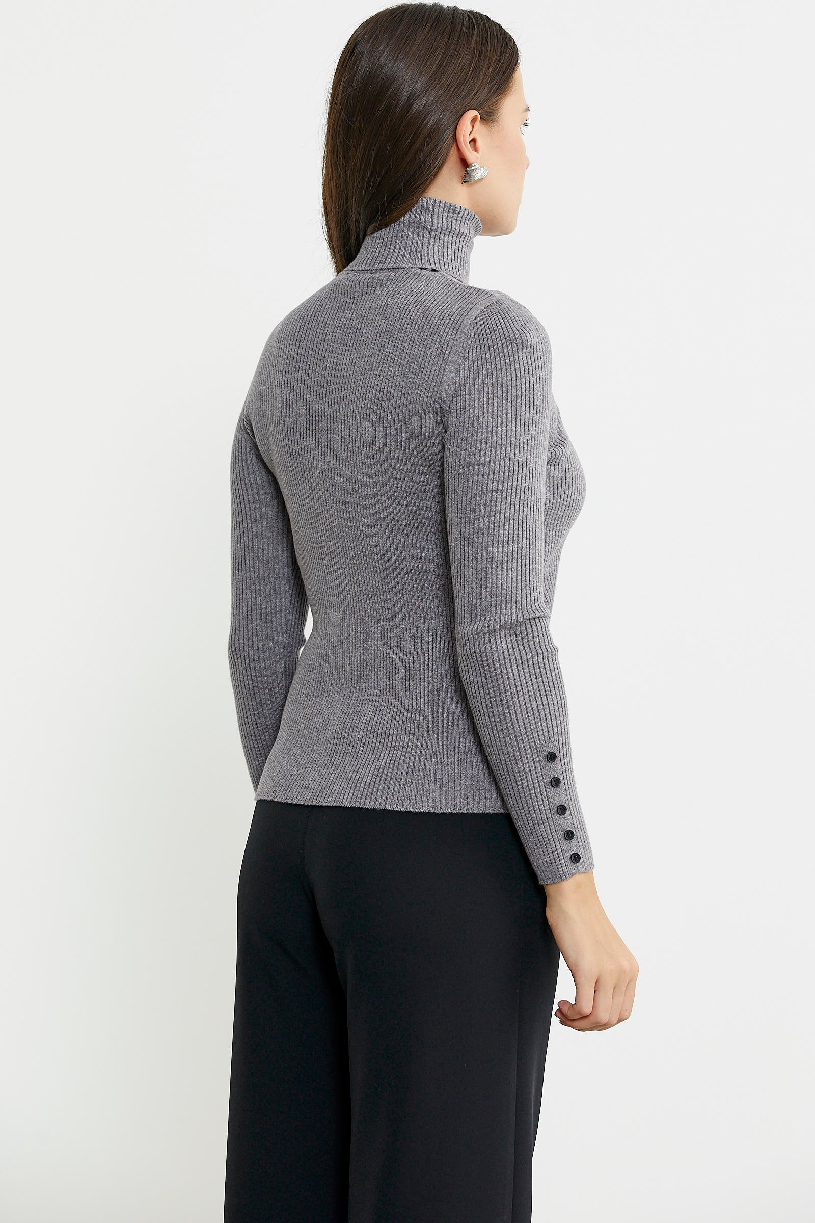 Tam Balıkçı Yaka Düğmeli Triko Kazak - Gri - Sementa