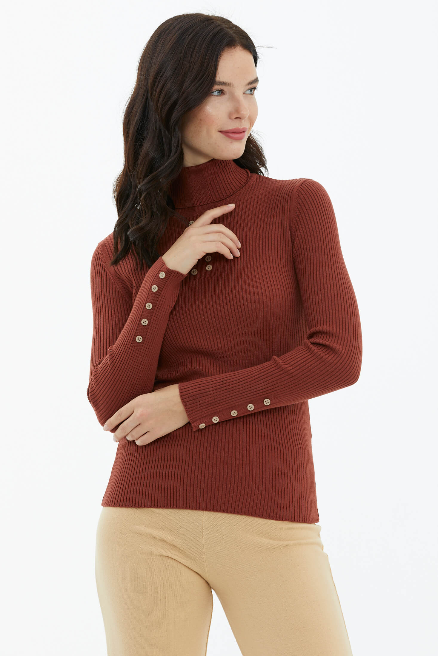 Tam Balıkçı Yaka Düğmeli Triko Kazak - Kiremit (3) Sementa