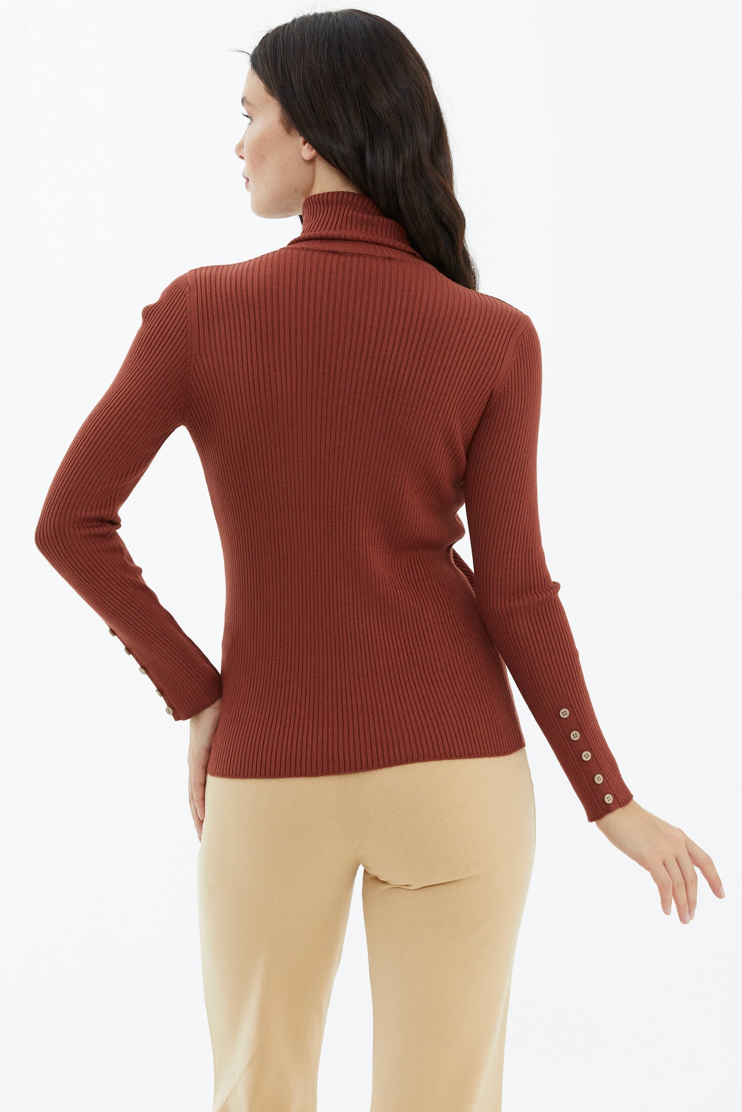 Tam Balıkçı Yaka Düğmeli Triko Kazak - Kiremit (4) Sementa