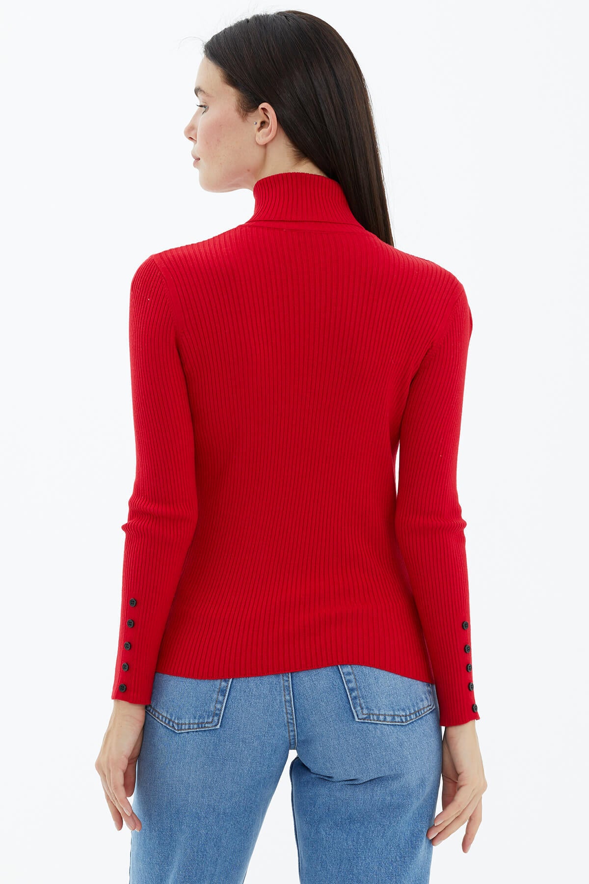 Tam Balıkçı Yaka Düğmeli Triko Kazak - Kırmızı (3) Sementa