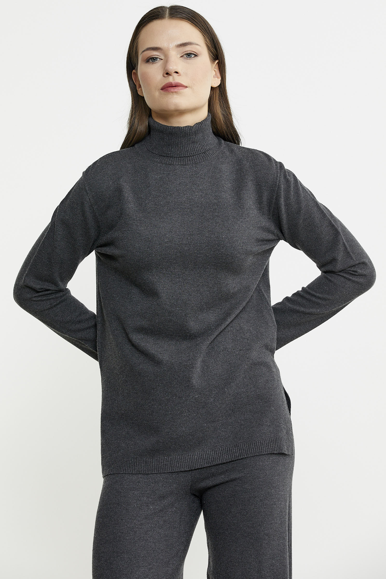 Tam Balıkçı Yaka Kazak Pantolon Triko Takım - Antrasit - Sementa