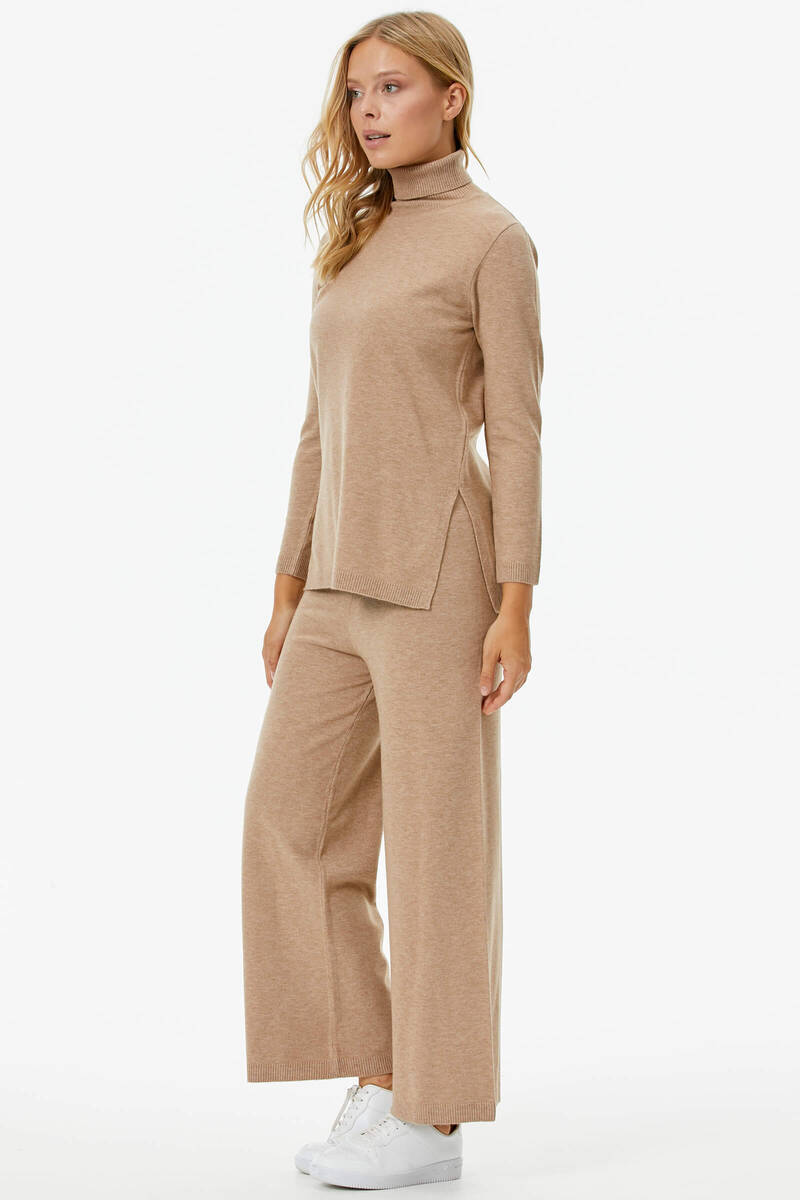 Tam Balıkçı Yaka Kazak Pantolon Triko Takım - Bej (5) Sementa