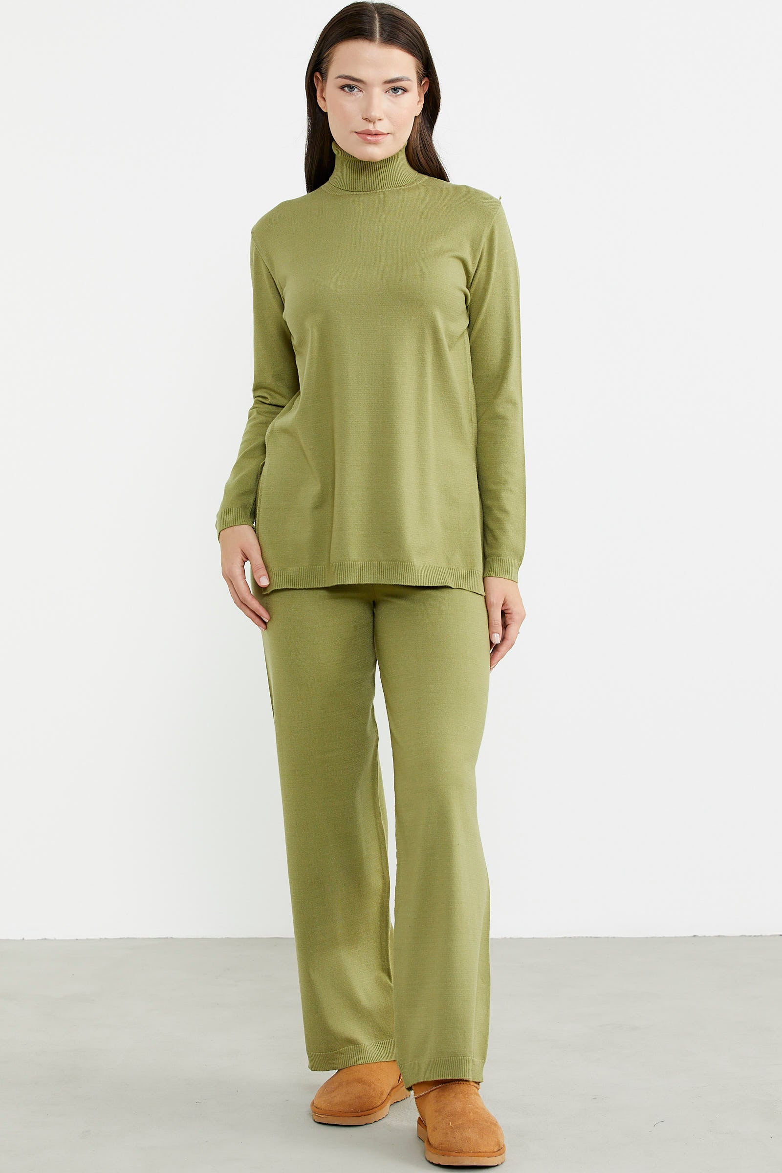 Tam Balıkçı Yaka Kazak Pantolon Triko Takım - Fıstık Yeşili - Sementa