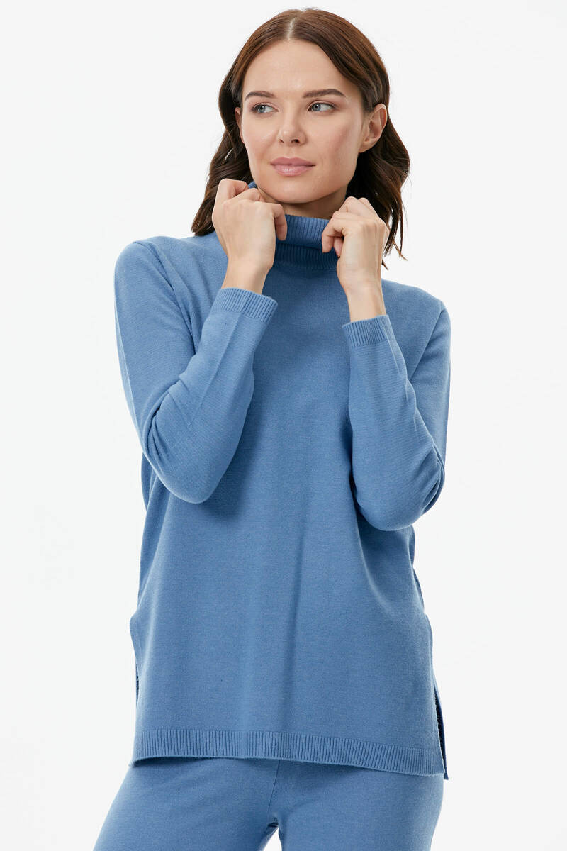 Tam Balıkçı Yaka Kazak Pantolon Triko Takım - Indigo (3) Sementa