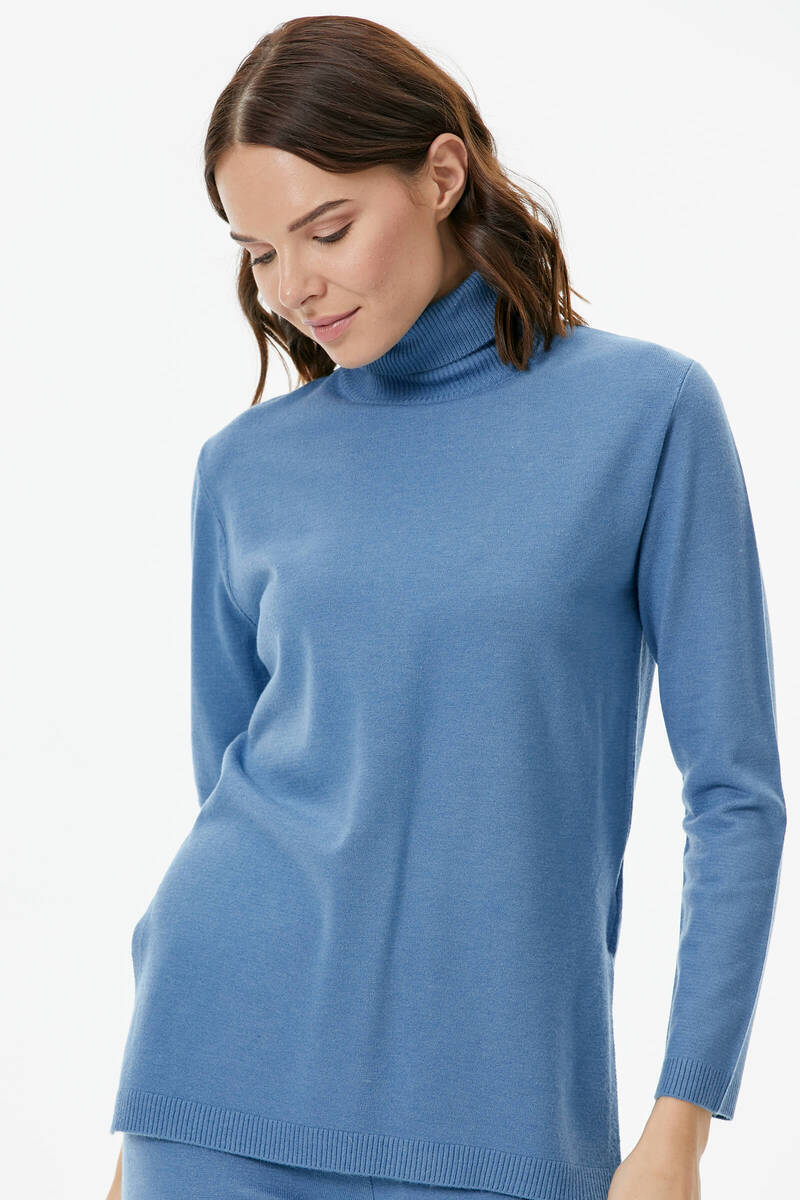 Tam Balıkçı Yaka Kazak Pantolon Triko Takım - Indigo (4) Sementa