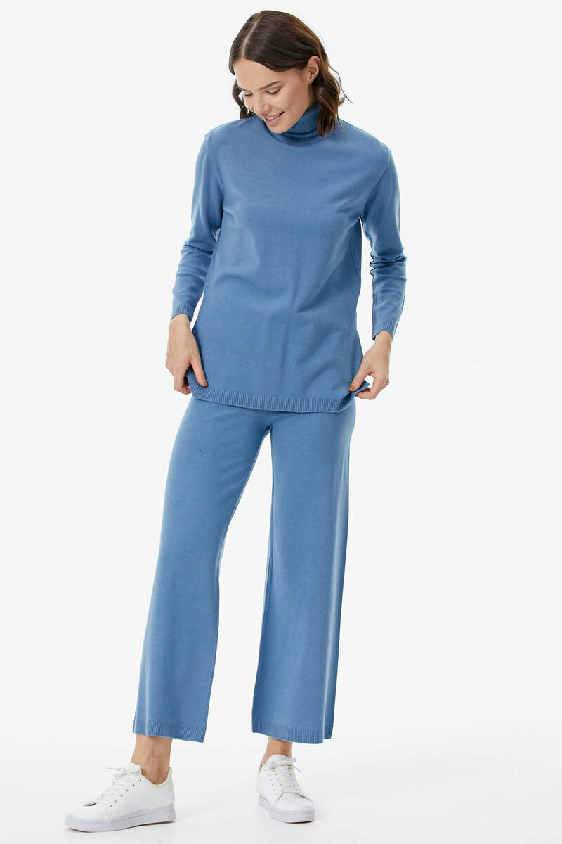 Tam Balıkçı Yaka Kazak Pantolon Triko Takım - Indigo (5) Sementa