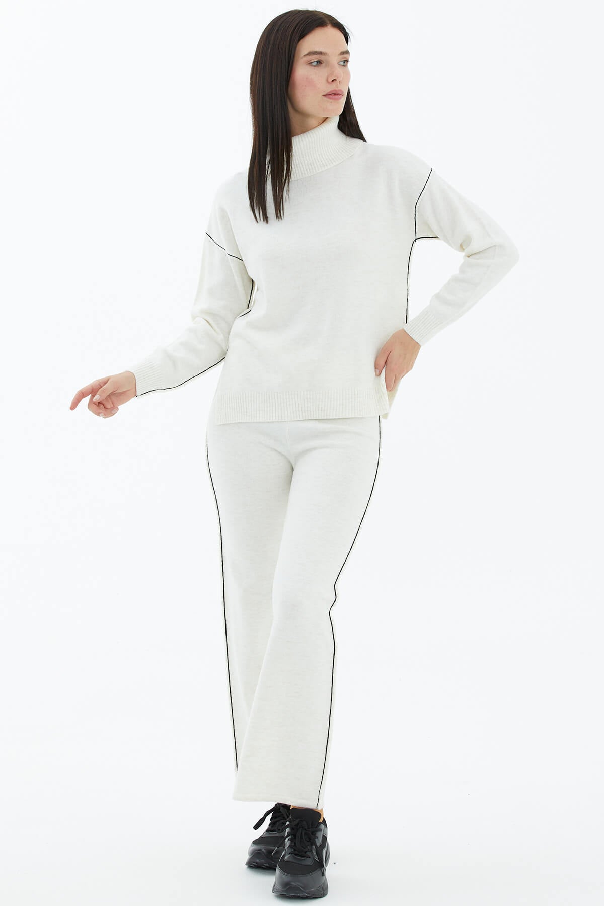 Tam Balıkçı Yaka Kazak Pantolon Triko Takım - Kemik (4) Sementa