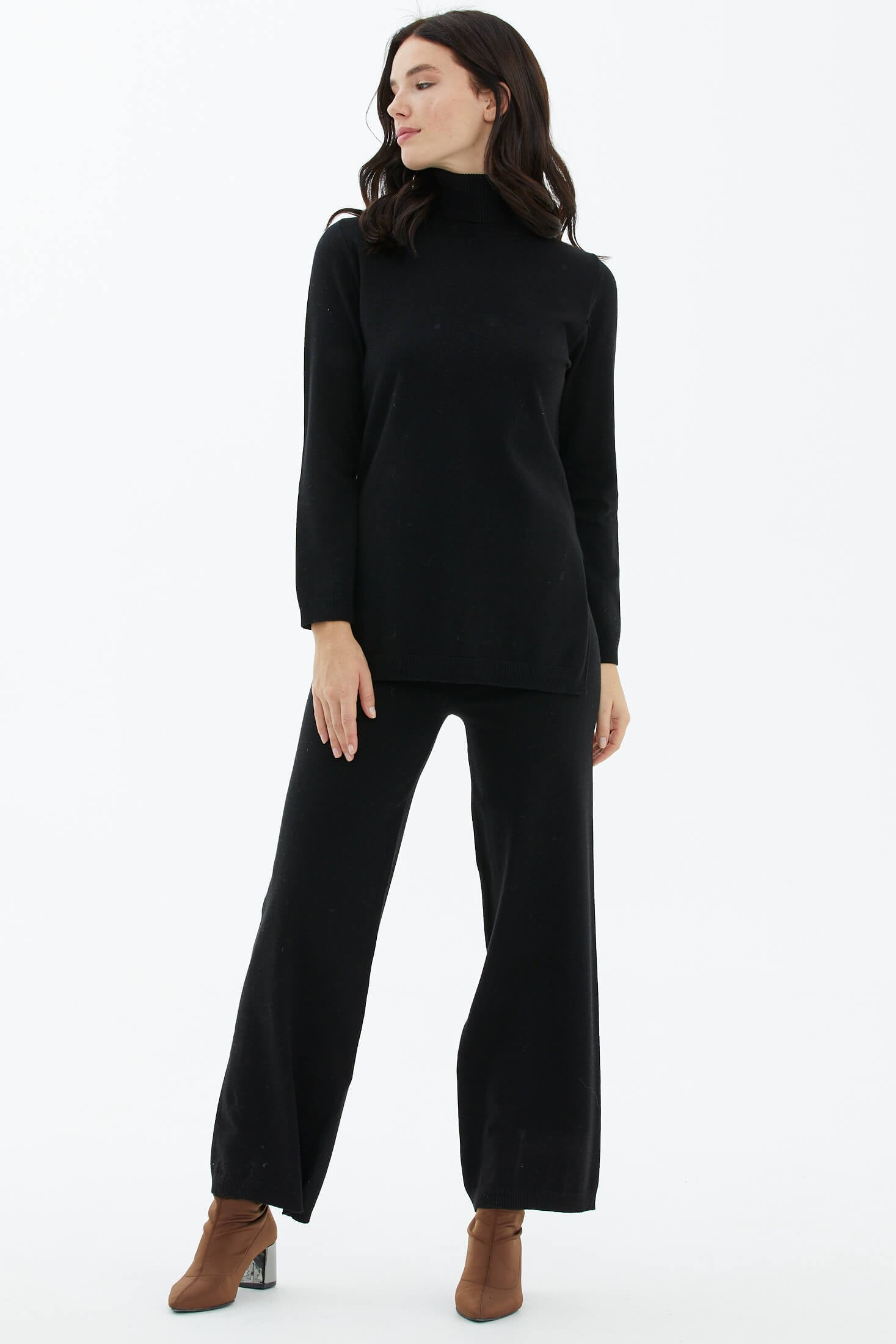 Tam Balıkçı Yaka Kazak Pantolon Triko Takım - Siyah (3) Sementa