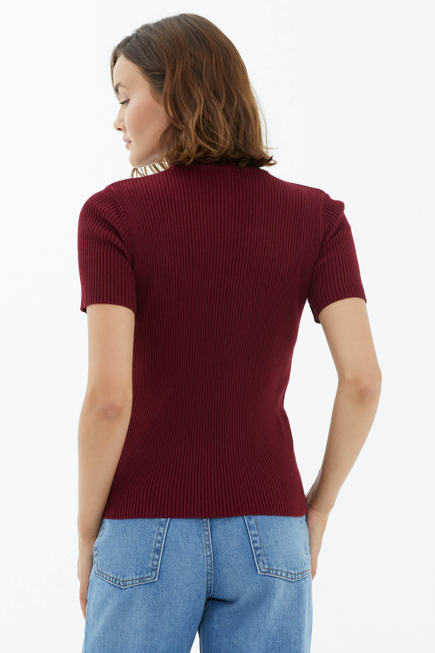 Tam Balıkçı Yaka Kısa Kollu Triko Kazak - Bordo (4) Sementa