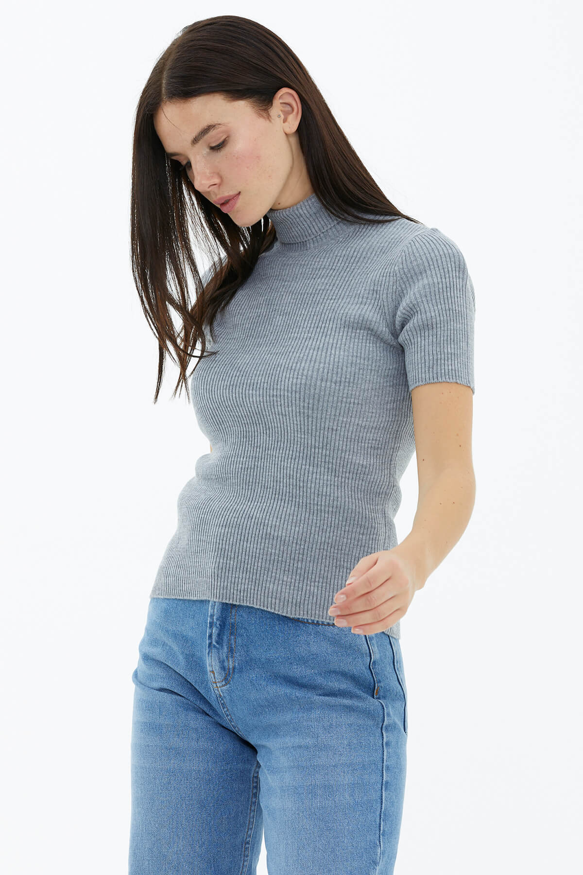 Tam Balıkçı Yaka Kısa Kollu Triko Kazak - Gri (3) Sementa