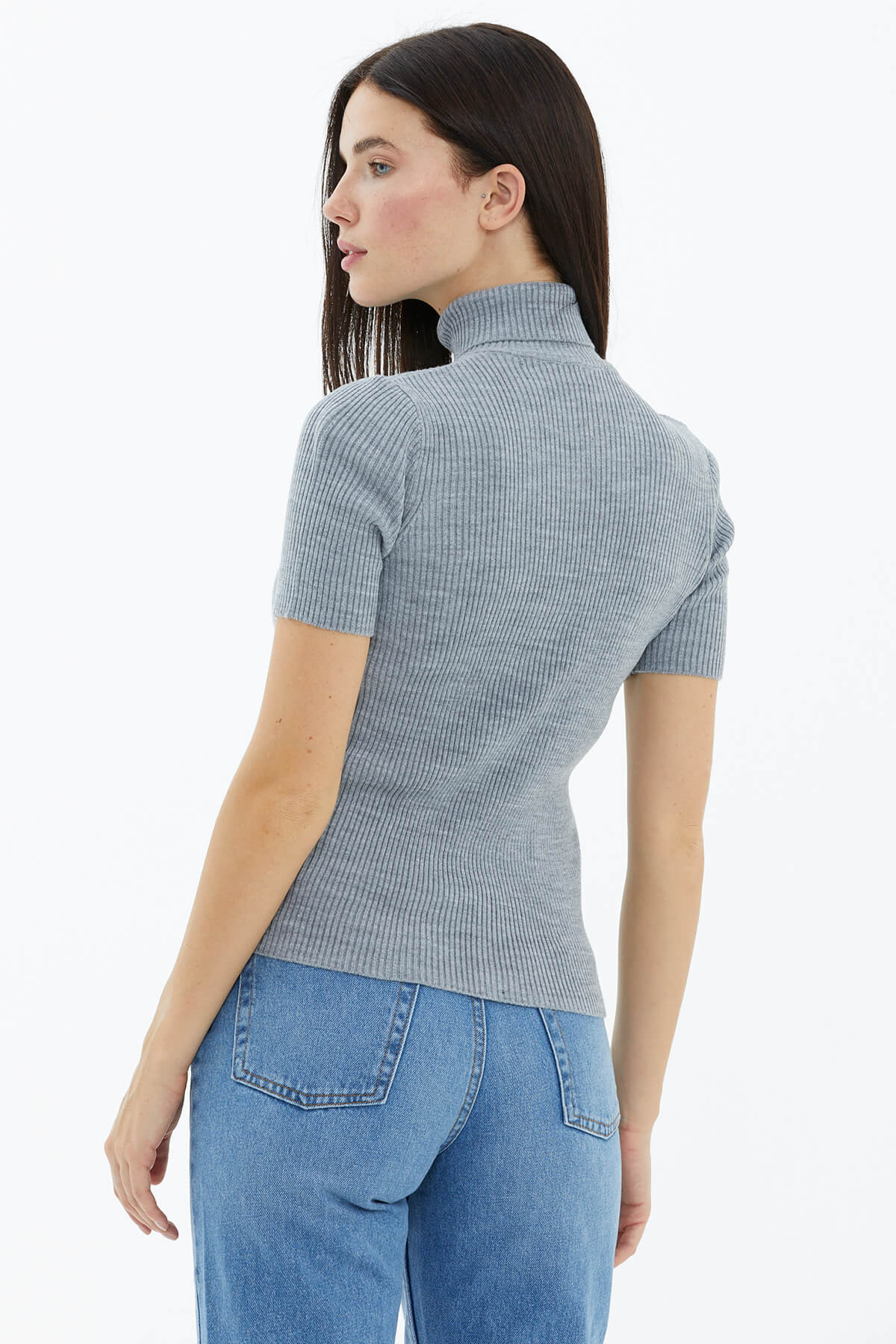 Tam Balıkçı Yaka Kısa Kollu Triko Kazak - Gri (4) Sementa