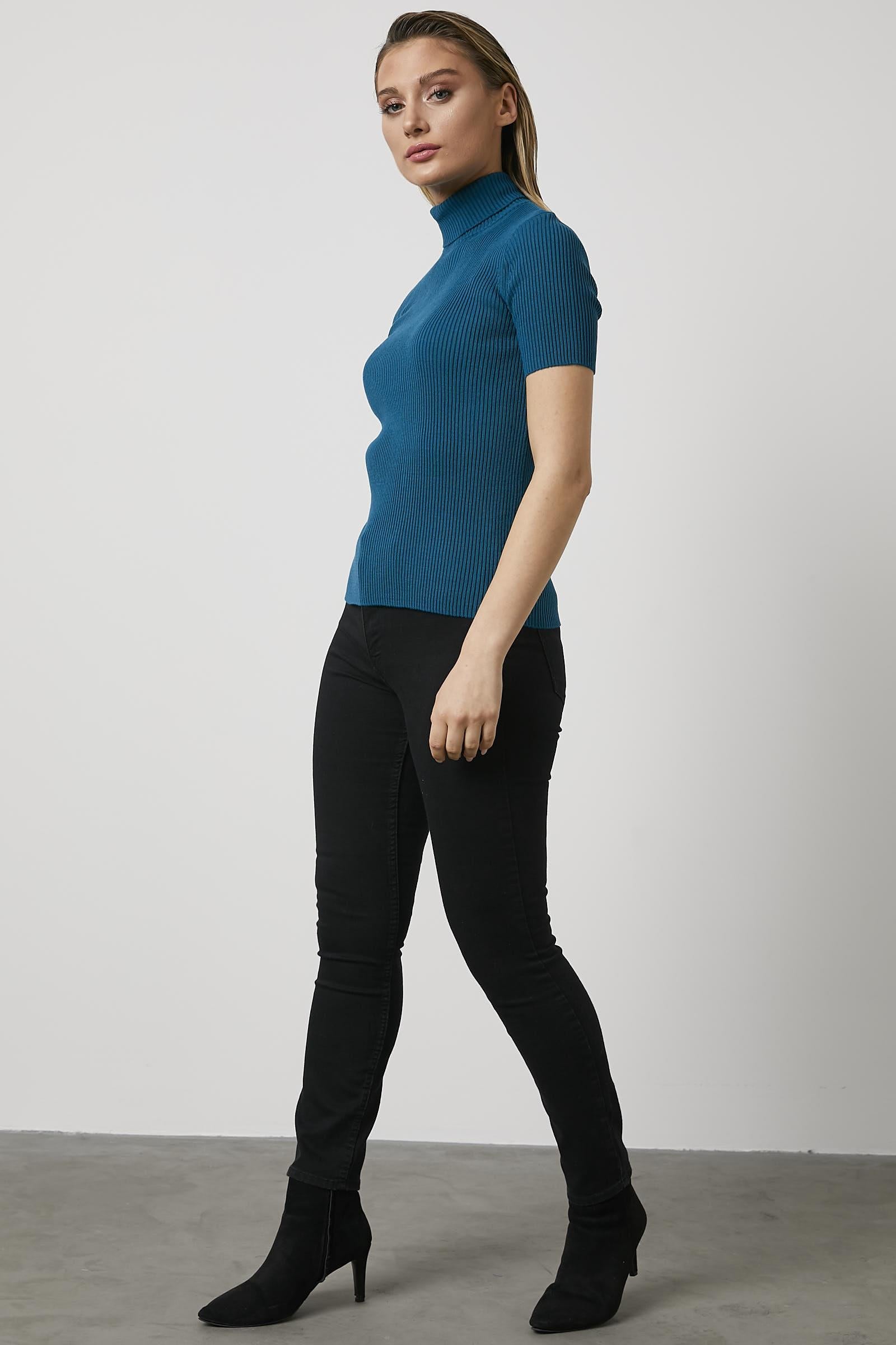 Tam Balıkçı Yaka Kısa Kollu Triko Kazak - Turkuaz (3) Sementa