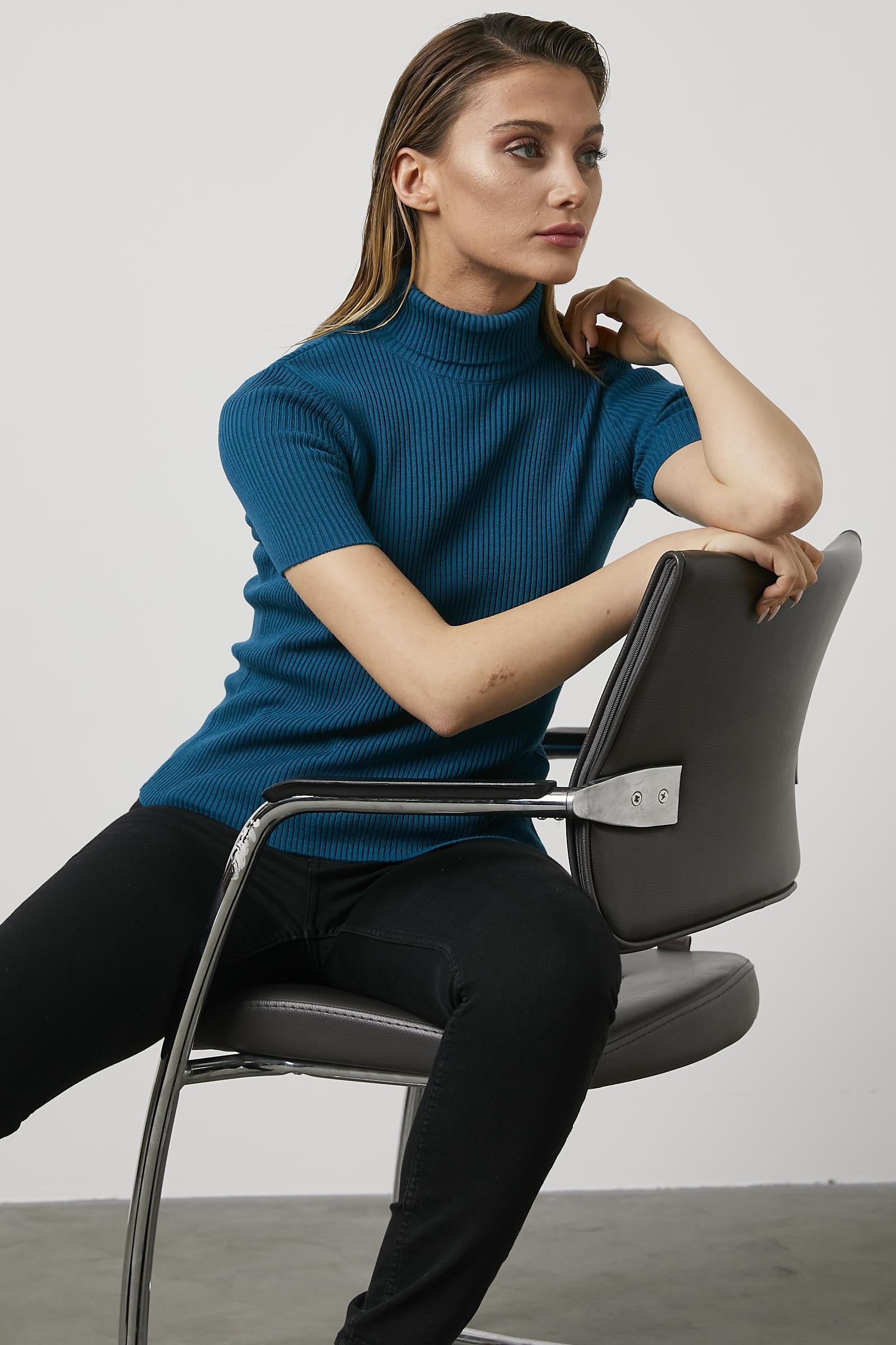 Tam Balıkçı Yaka Kısa Kollu Triko Kazak - Turkuaz (5) Sementa