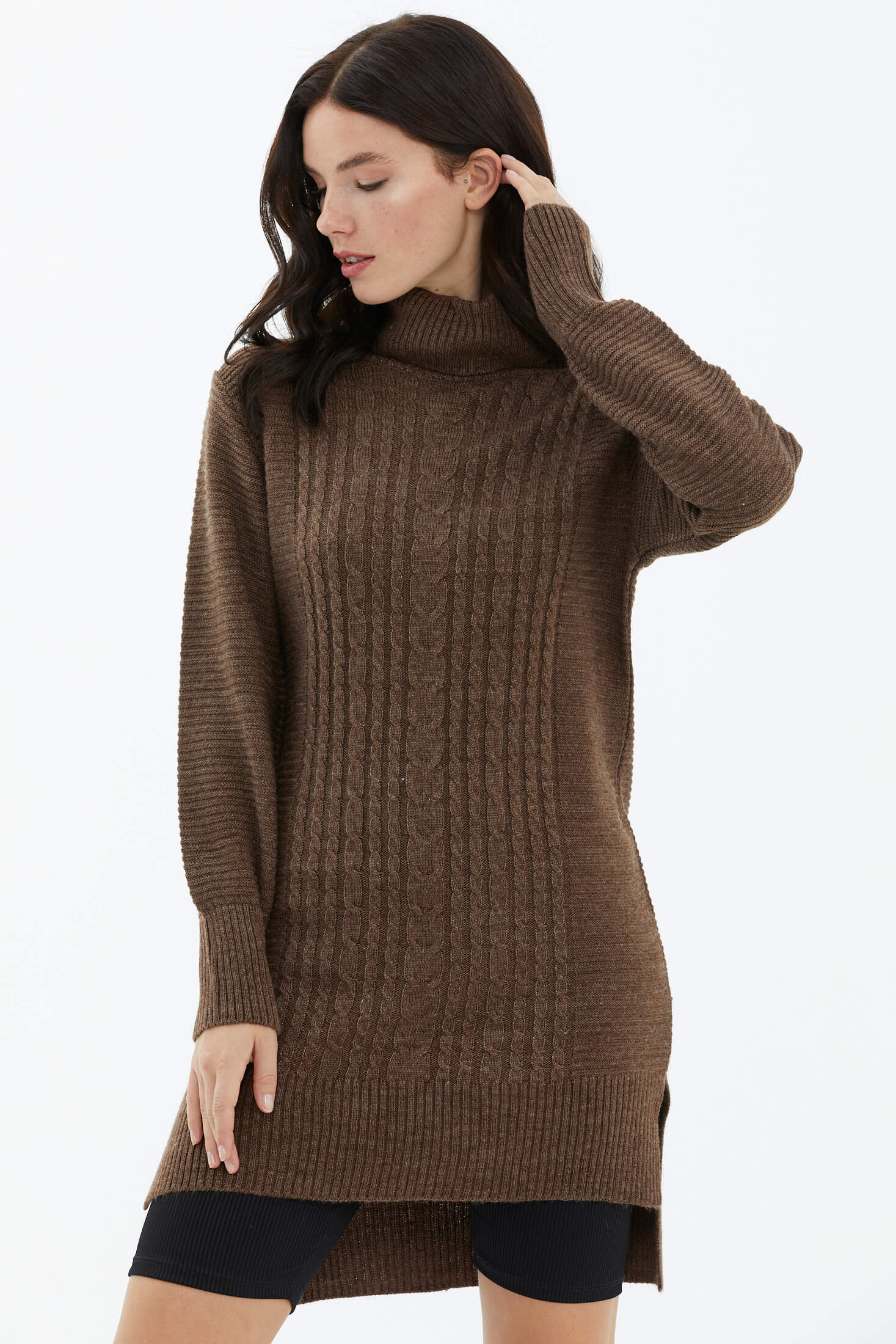 Tam Balıkçı Yaka Triko Tunik - Kahve (3) Sementa