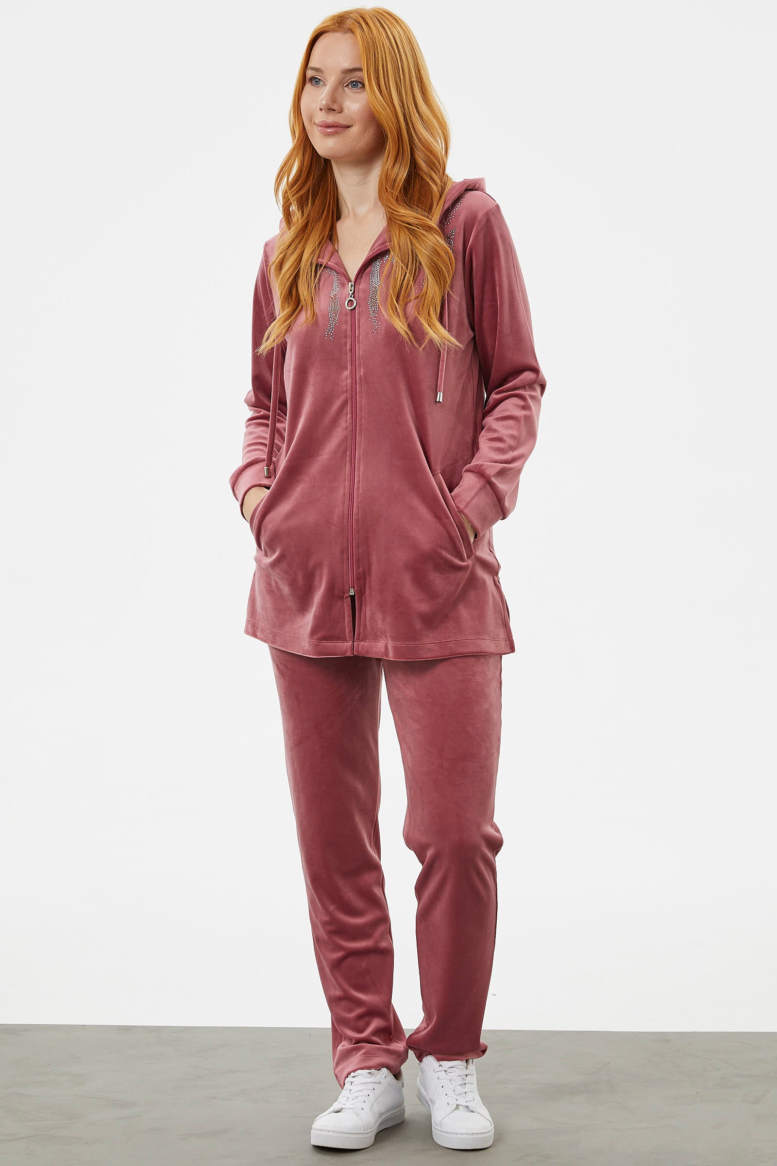 Tam Fermuarlı Kadife Taşlı Eşofman Takım - Gül Kurusu (3) Sementa